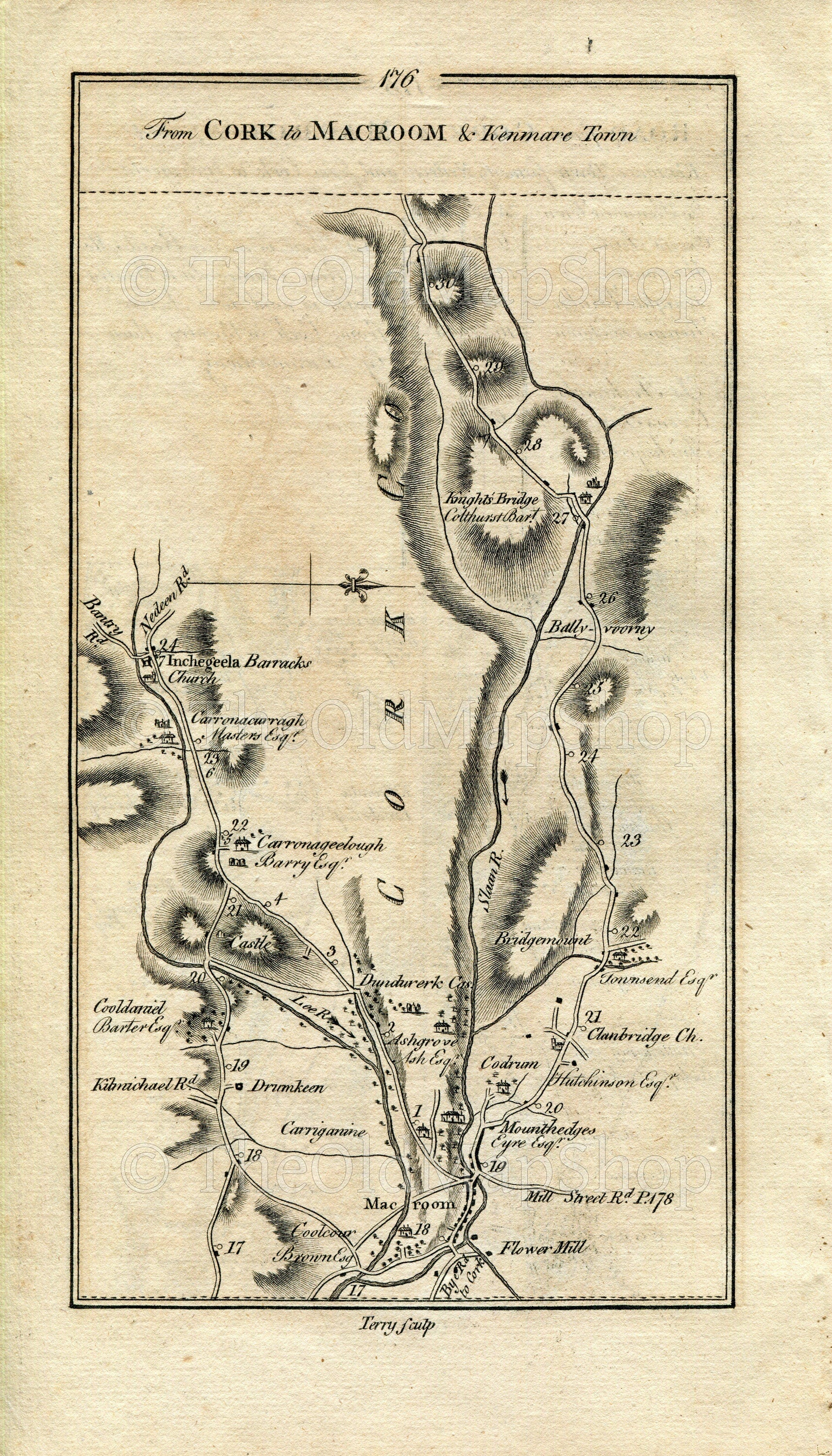 1778 Taylor & Skinner Antique Ireland Road Map 175/176 Cork, Carrigrohane, Warrenscourt, Coolcower, Macroom, Inchigeelagh, Ballyvourney