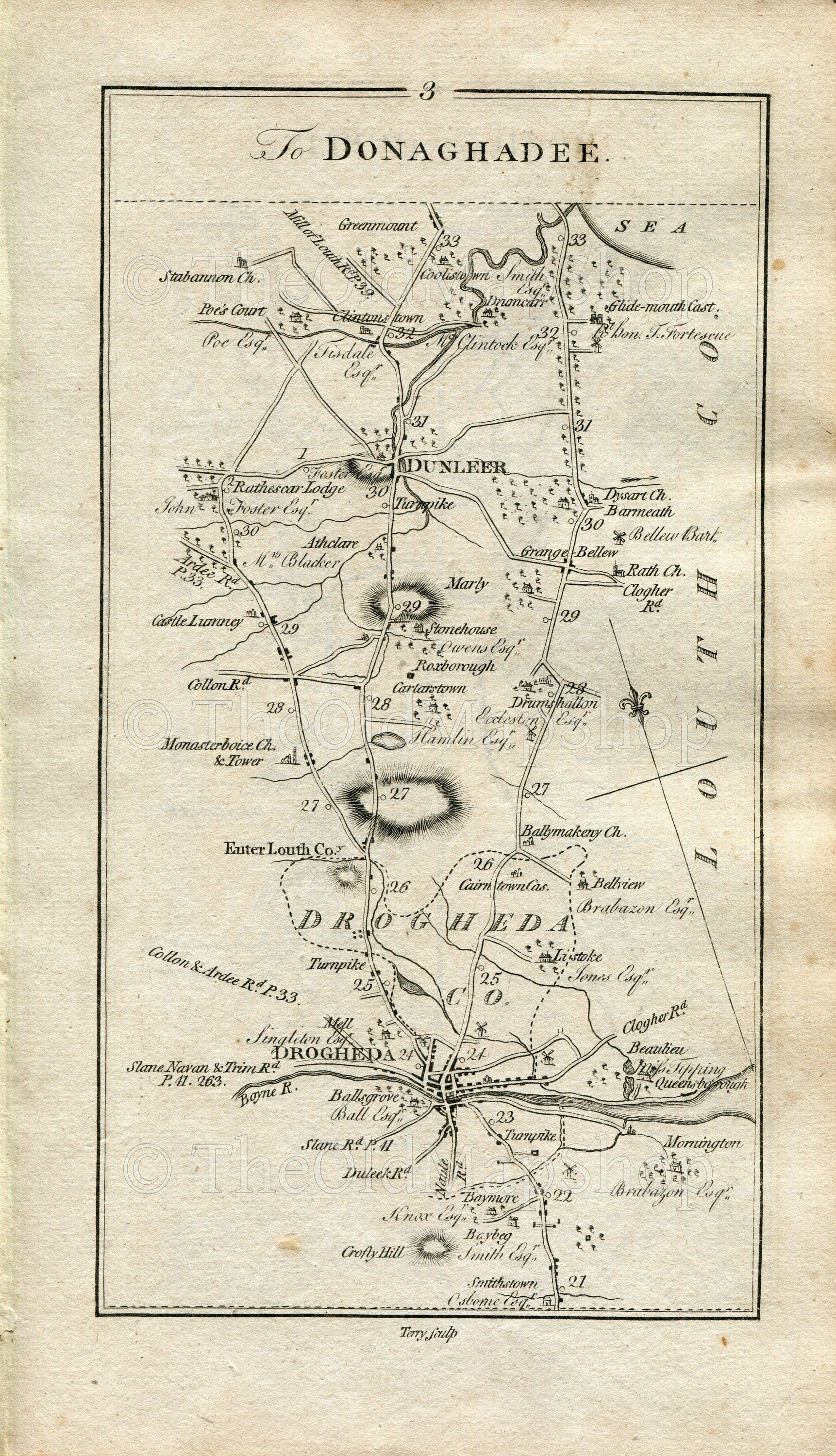 1778 Taylor & Skinner Antique Ireland Road Map 3/4 Drogheda, Dunleer Stabannan Castlebellingham Dundalk Jonesborough Newry Louth Armagh Down