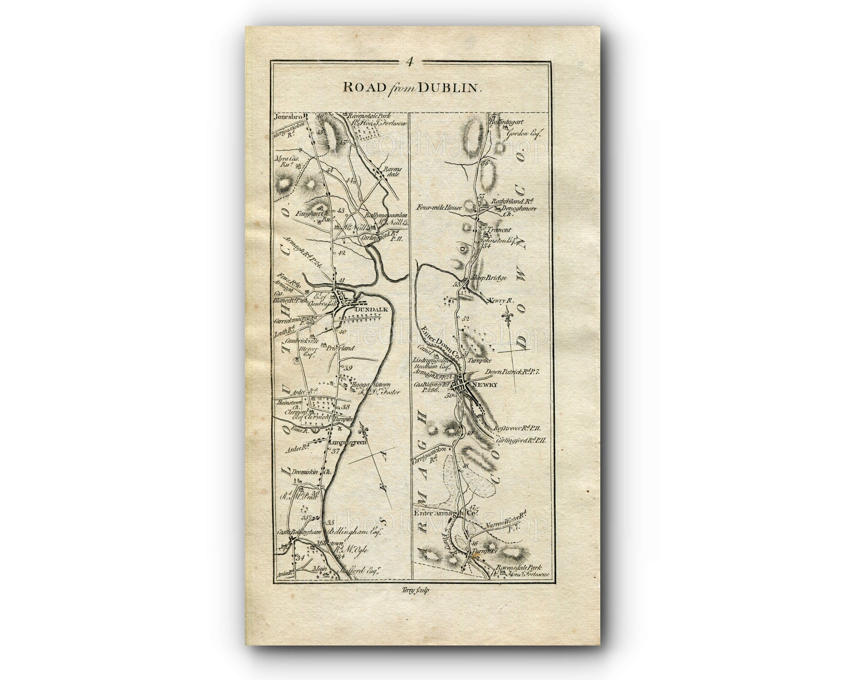 1778 Taylor & Skinner Antique Ireland Road Map 3/4 Drogheda, Dunleer Stabannan Castlebellingham Dundalk Jonesborough Newry Louth Armagh Down