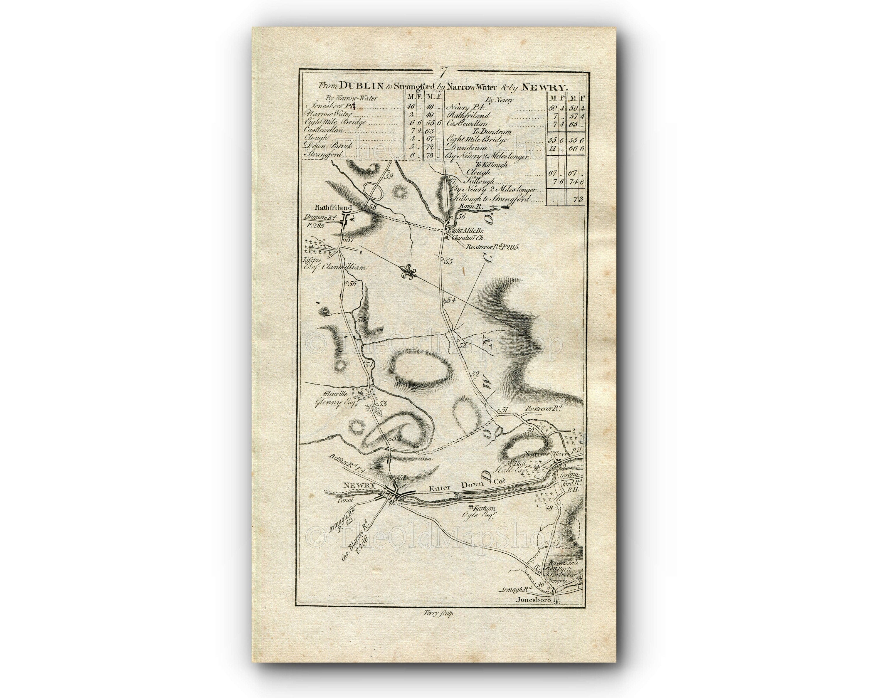 1778 Taylor & Skinner Antique Ireland Road Map 7/8 Newry Jonesborough Warrenpoint Rathfriland Castlewellan Bryansford Newcastle Dundrum