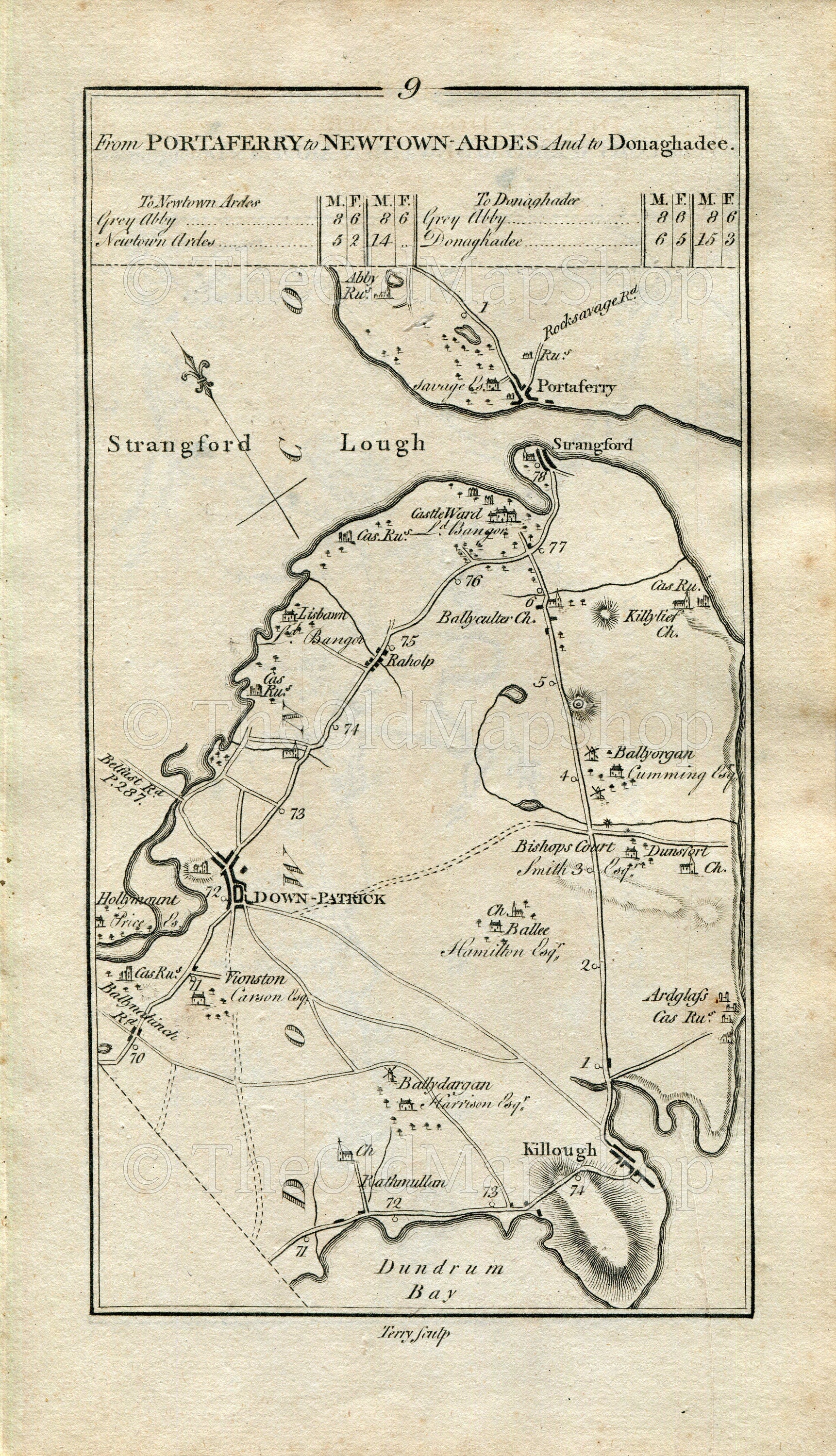 1778 Taylor & Skinner Antique Ireland Road Map 9/10 Downpatrick Killough Ballyhornan Kilclife Strangford Portaferry Kircubbin Newtownards