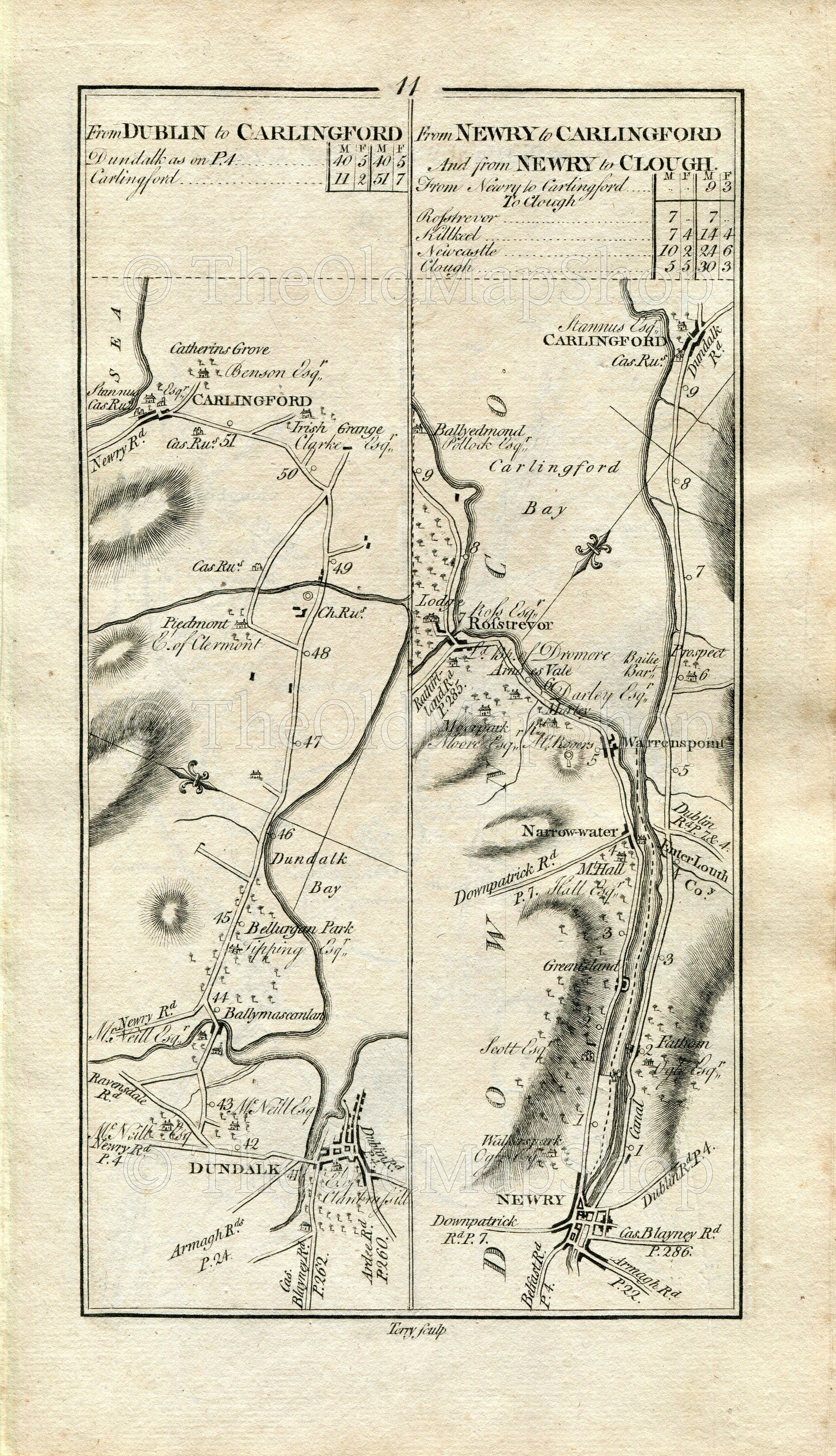 1778 Taylor & Skinner Antique Ireland Road Map 11/12 Newry Warrenpoint Dundalk Carlingford Rostrevor Kilkeel Annalong Newcastle Dundrum
