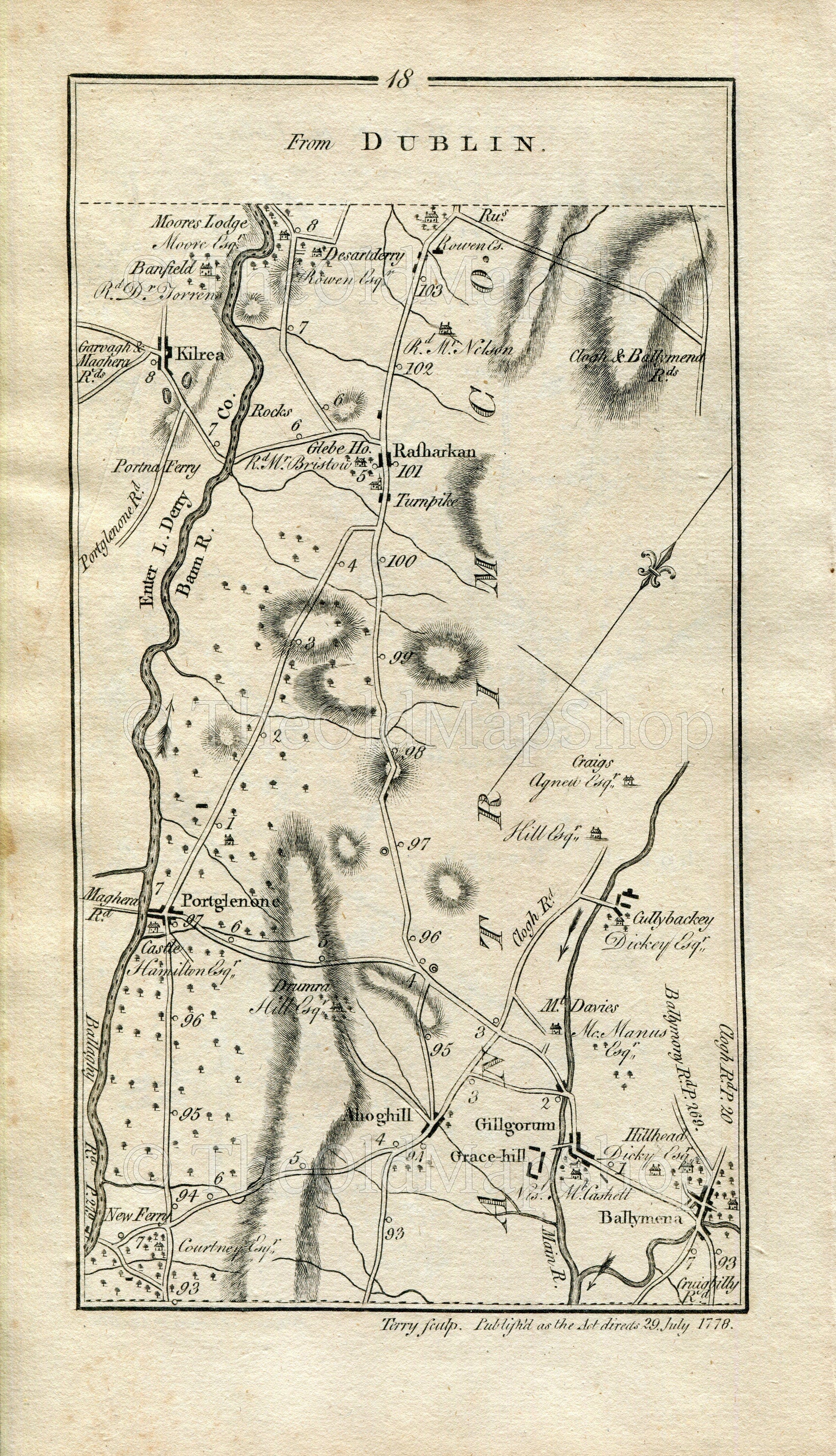 1778 Taylor & Skinner Antique Ireland Road Map 17/18 Antrim Randalstown Kells Connor Ballymena Galgorm Gracehill Ahoghill Portglenone Kilrea