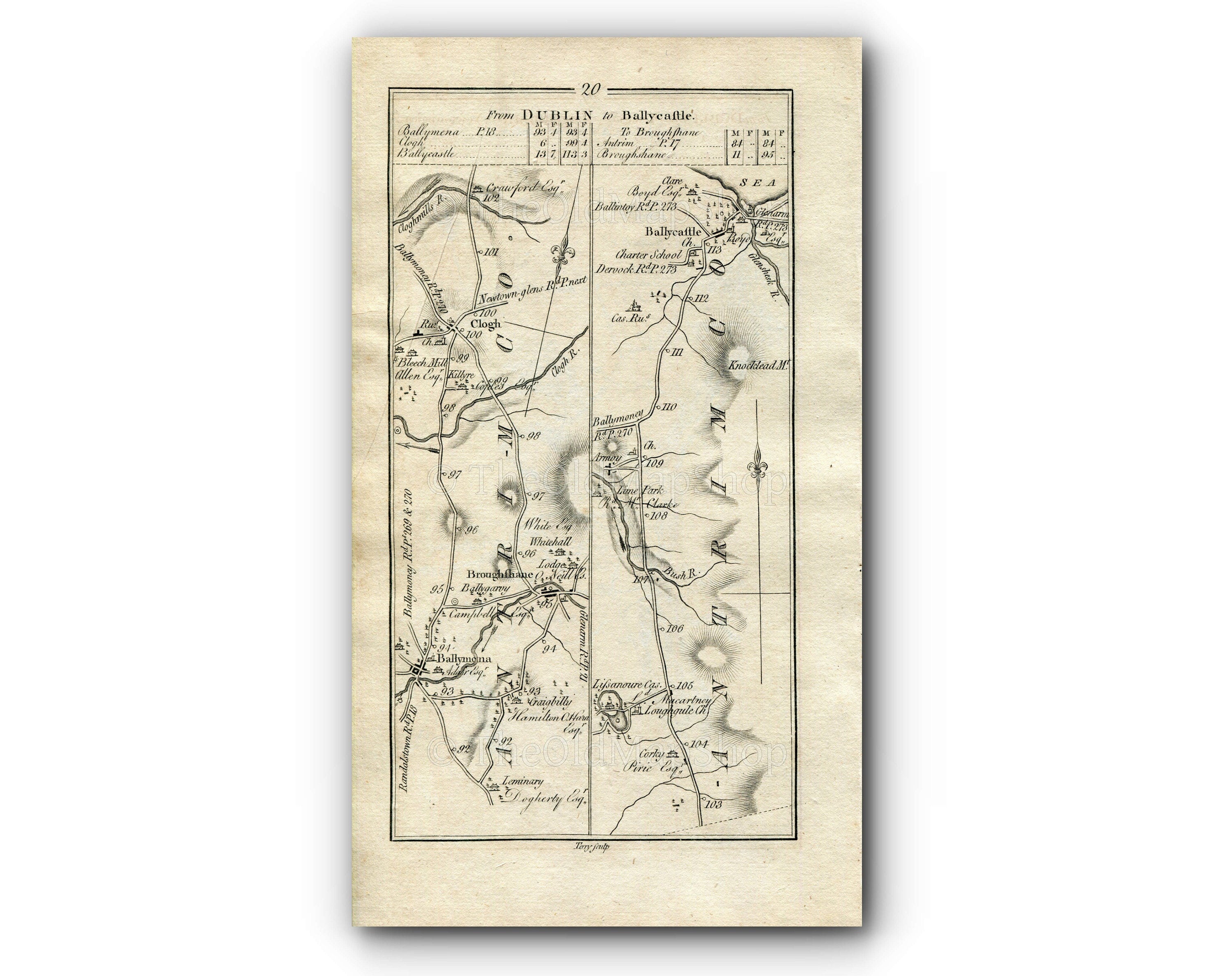1778 Taylor & Skinner Antique Ireland Road Map 19/20 Ballymoney Coleraine Ballymena Ballygarvey Broughshane Clough Corkey Ballycastle Antrim