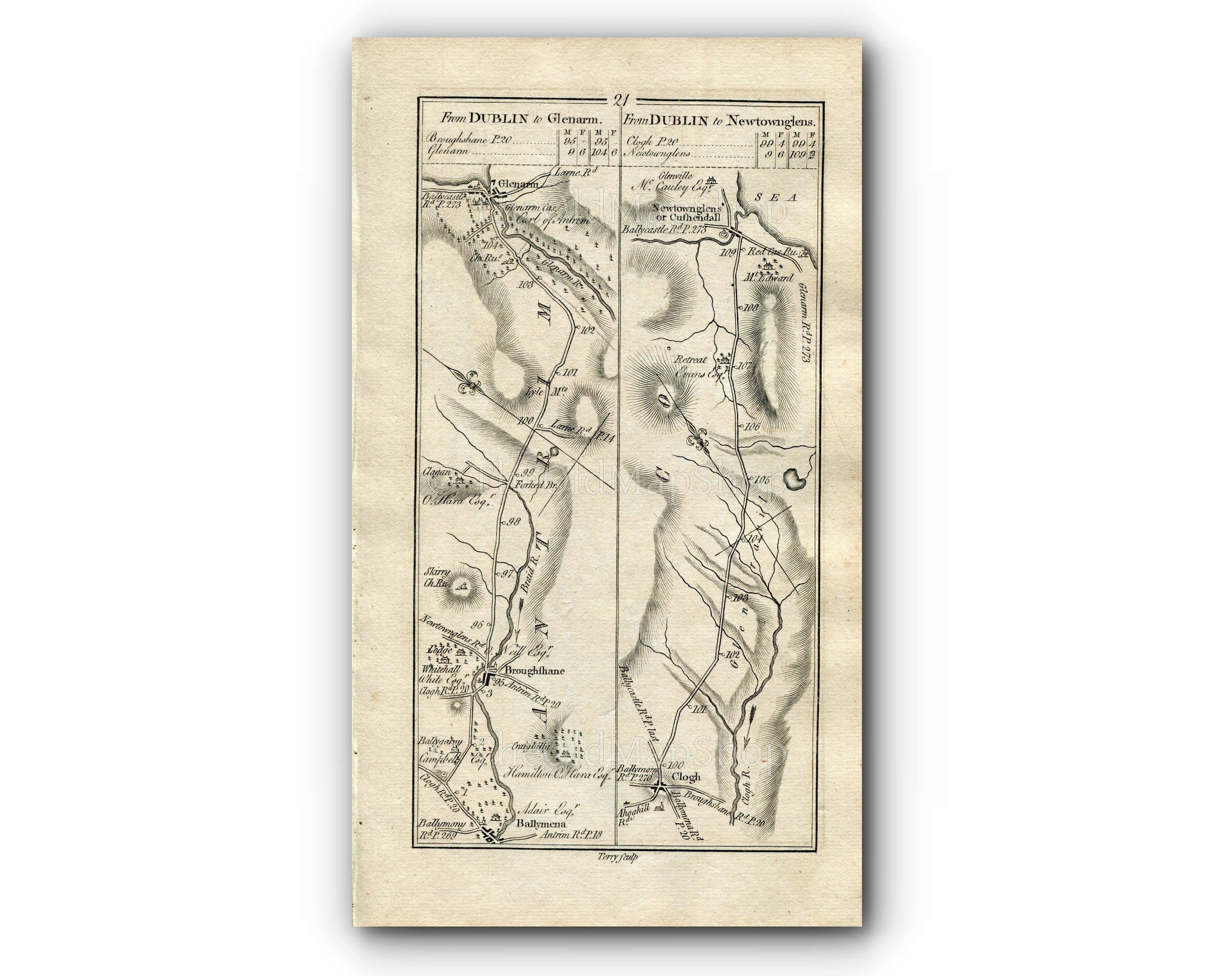1778 Taylor & Skinner Antique Ireland Road Map 21/22 Glenarm Clough Cushendall Armagh Newry Loughgilly Markethill Poyntzpass Acton Scarva