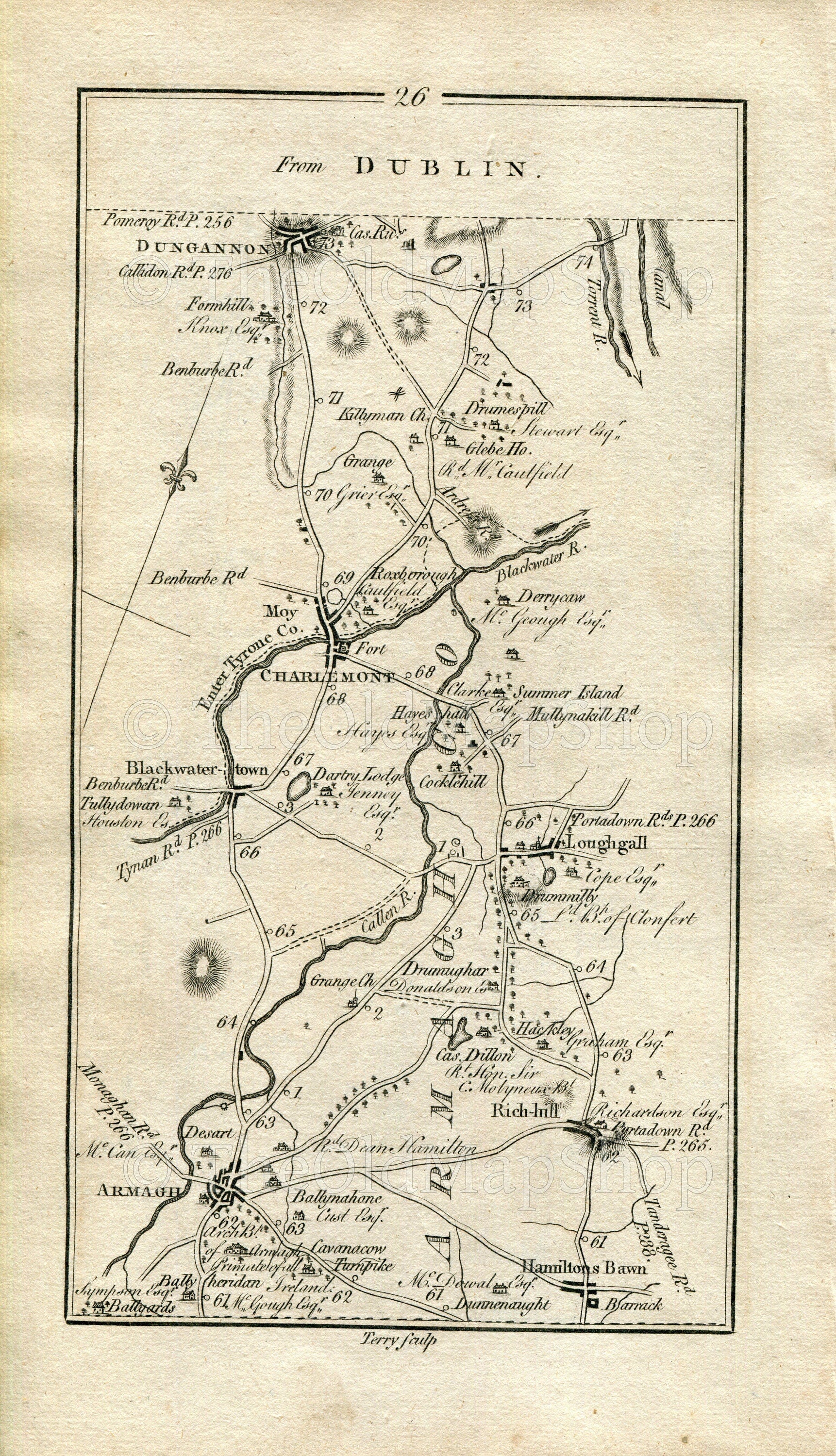 1778 Taylor & Skinner Antique Ireland Road Map 25/26 Mowhan Markethill Lisnadill Armagh Loughgall Blackwatertown Charlemont Moy Dungannon
