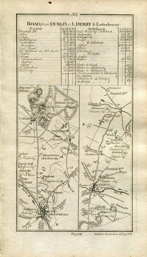 1778 Taylor & Skinner Antique Ireland Road Map 31/32 Drogheda Tullyallen Collon Tallanstown Rahans Donaghmoyne Castleblayney Monoghan Ardee
