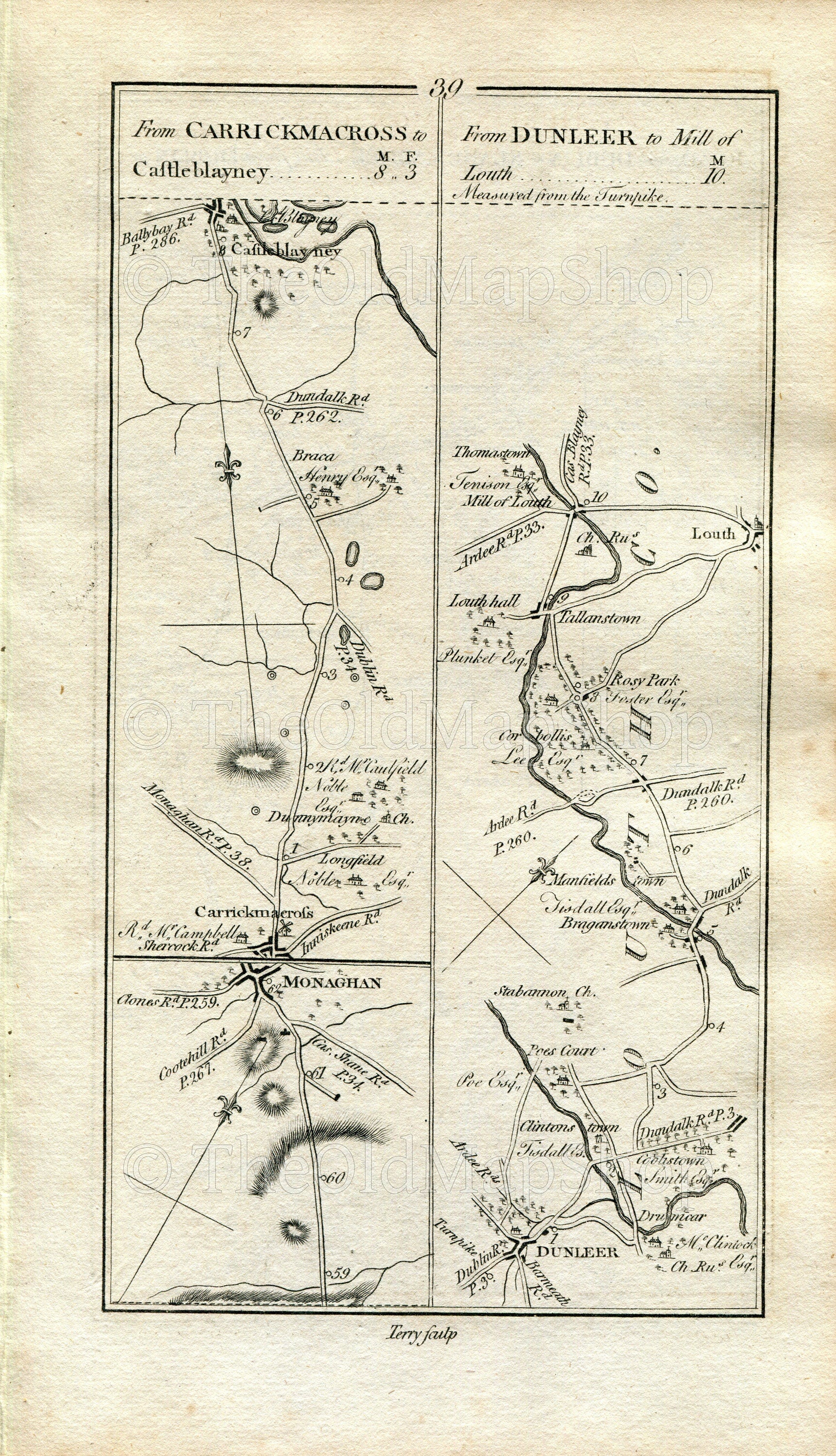 1778 Taylor & Skinner Antique Ireland Road Map 39/40 Monaghan Castleblayney Dunleer Stabannan Tallanstown Finglas Chapelmidway Kilsallaghan