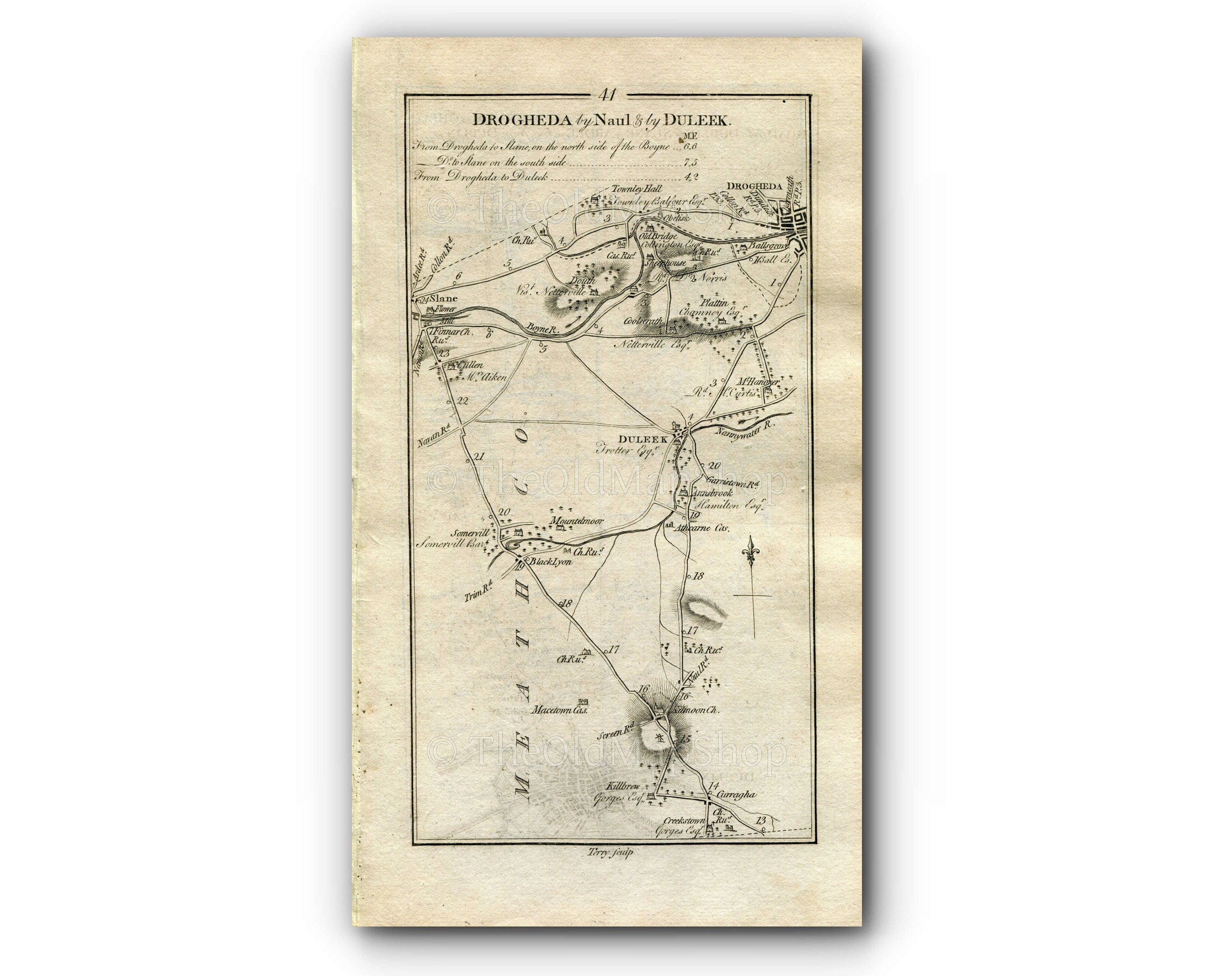 1778 Taylor & Skinner Ireland Road Map 41/42 Curragha, Dunleek, Somerville, Slane, Drogheda, Collon, Ardee, Naul, County Meath