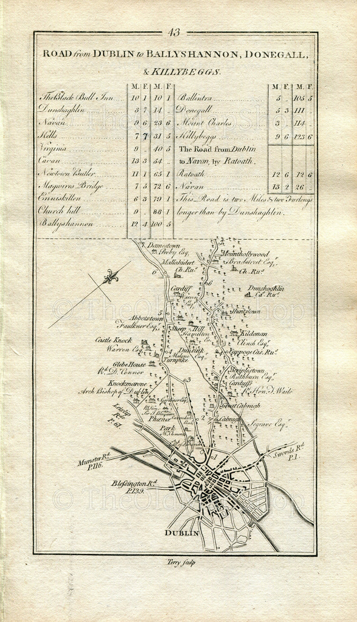 1778 Taylor & Skinner Ireland Road Map 43/44 Dublin Mulhuddart, Dunboyne, Dunshaughlin, Ratoath, Dunsany, Hill of Tara, Co. Meath Antique