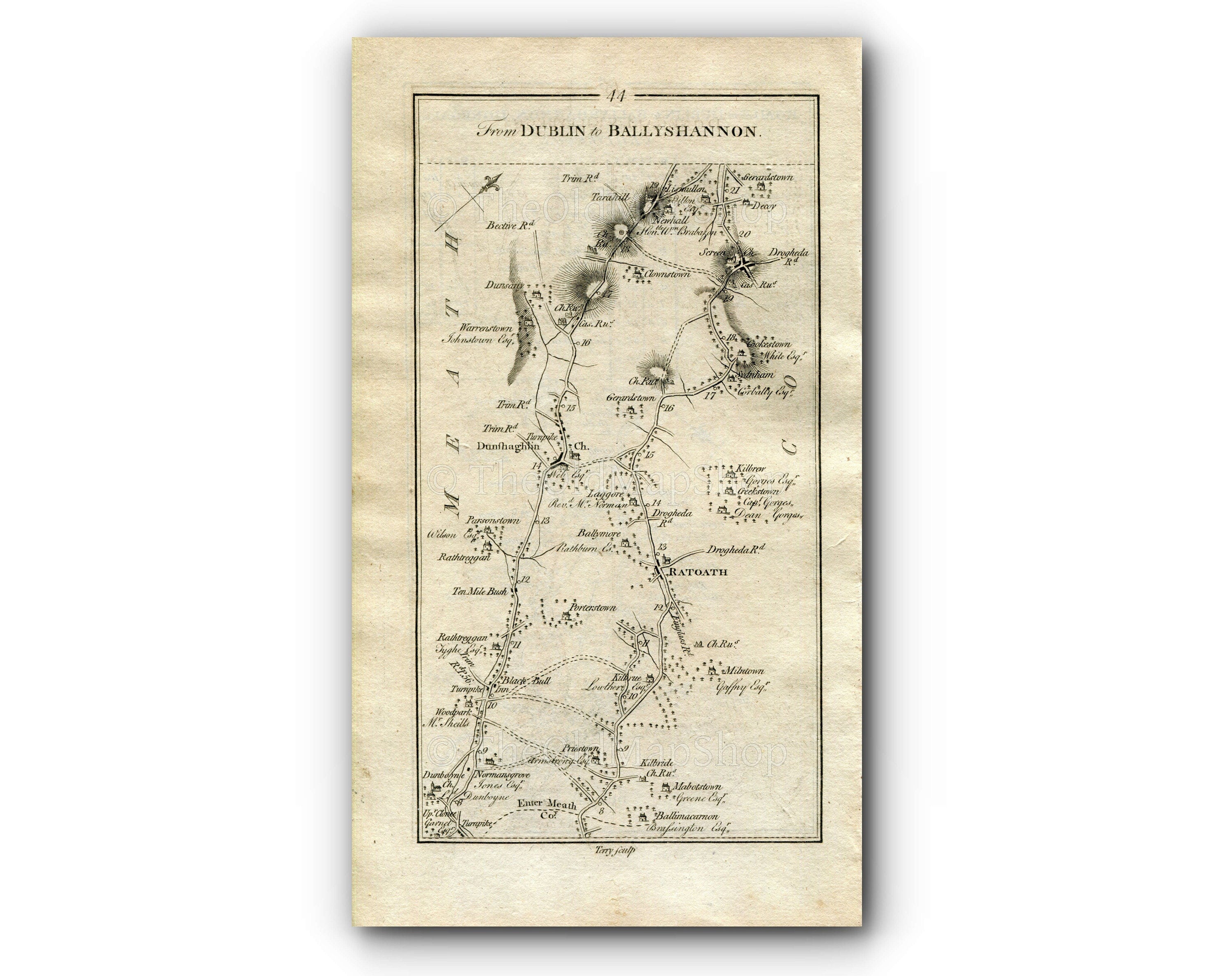 1778 Taylor & Skinner Ireland Road Map 43/44 Dublin Mulhuddart, Dunboyne, Dunshaughlin, Ratoath, Dunsany, Hill of Tara, Co. Meath Antique