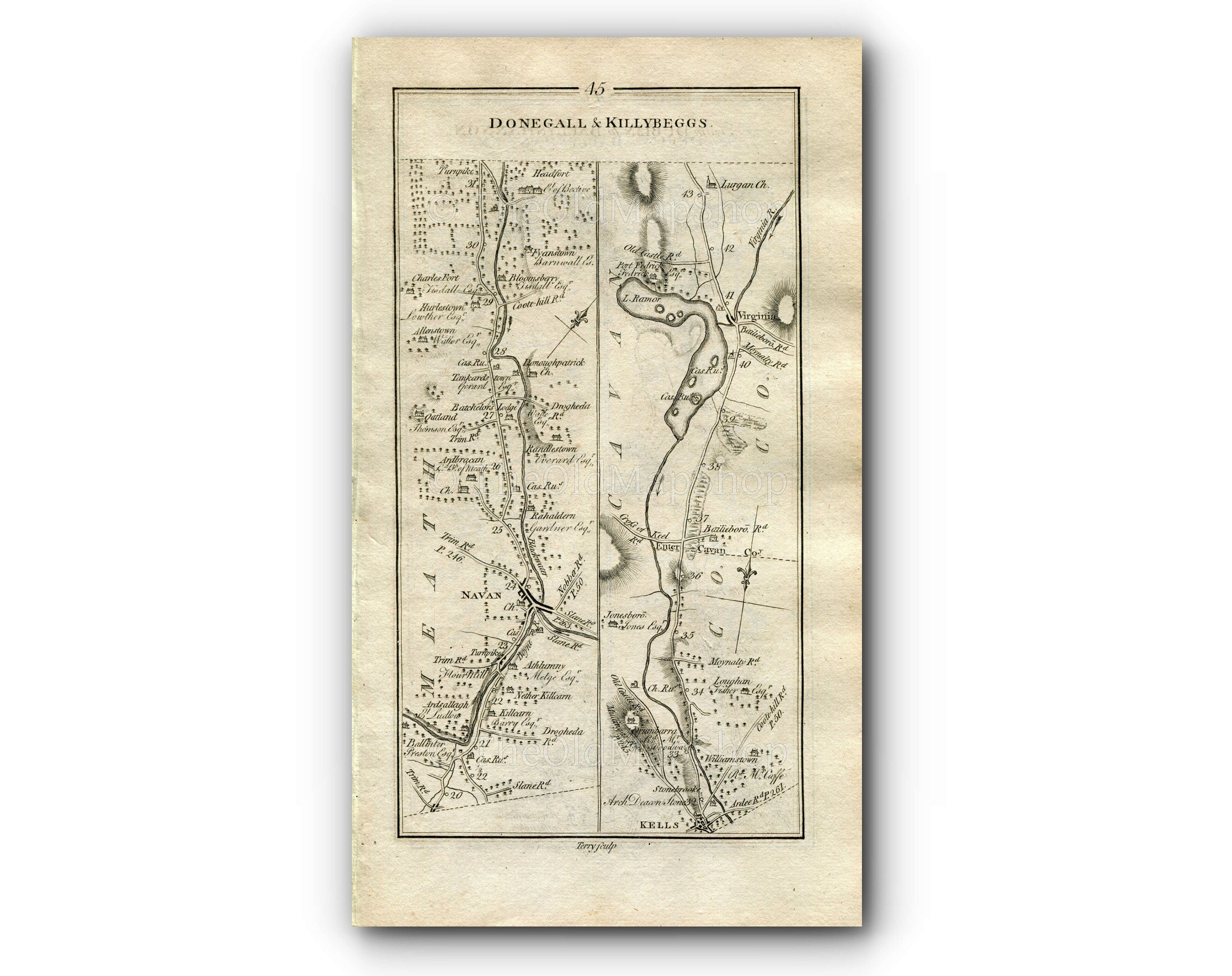 1778 Taylor & Skinner Antique Ireland Road Map 45/46 Ardsallagh Navan Kells Virginia Ballyjamesduff Cavan Butlers Bridge Newtownbutler