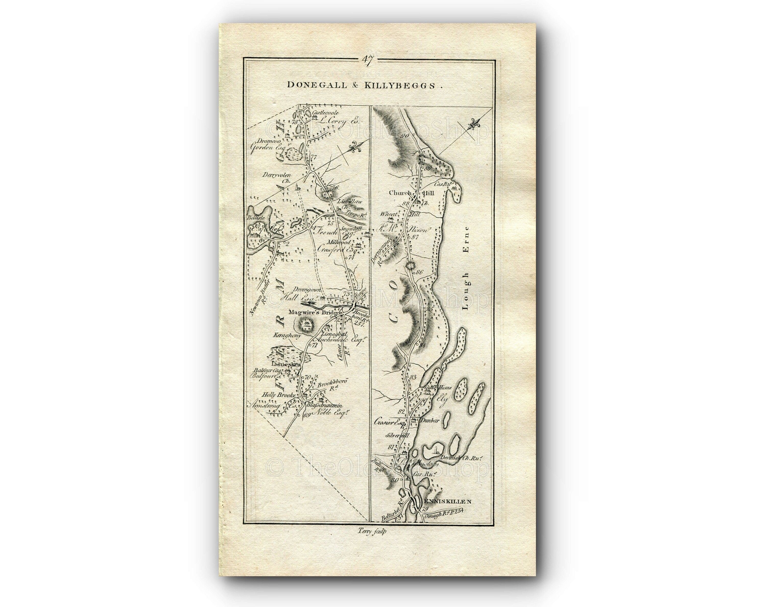 1778 Taylor & Skinner Antique Ireland Road Map 47/48 Lisnaske Maguiresbridge Lisbellaw Enniskillen Churchill Beleek Ballyshannon Ballintra