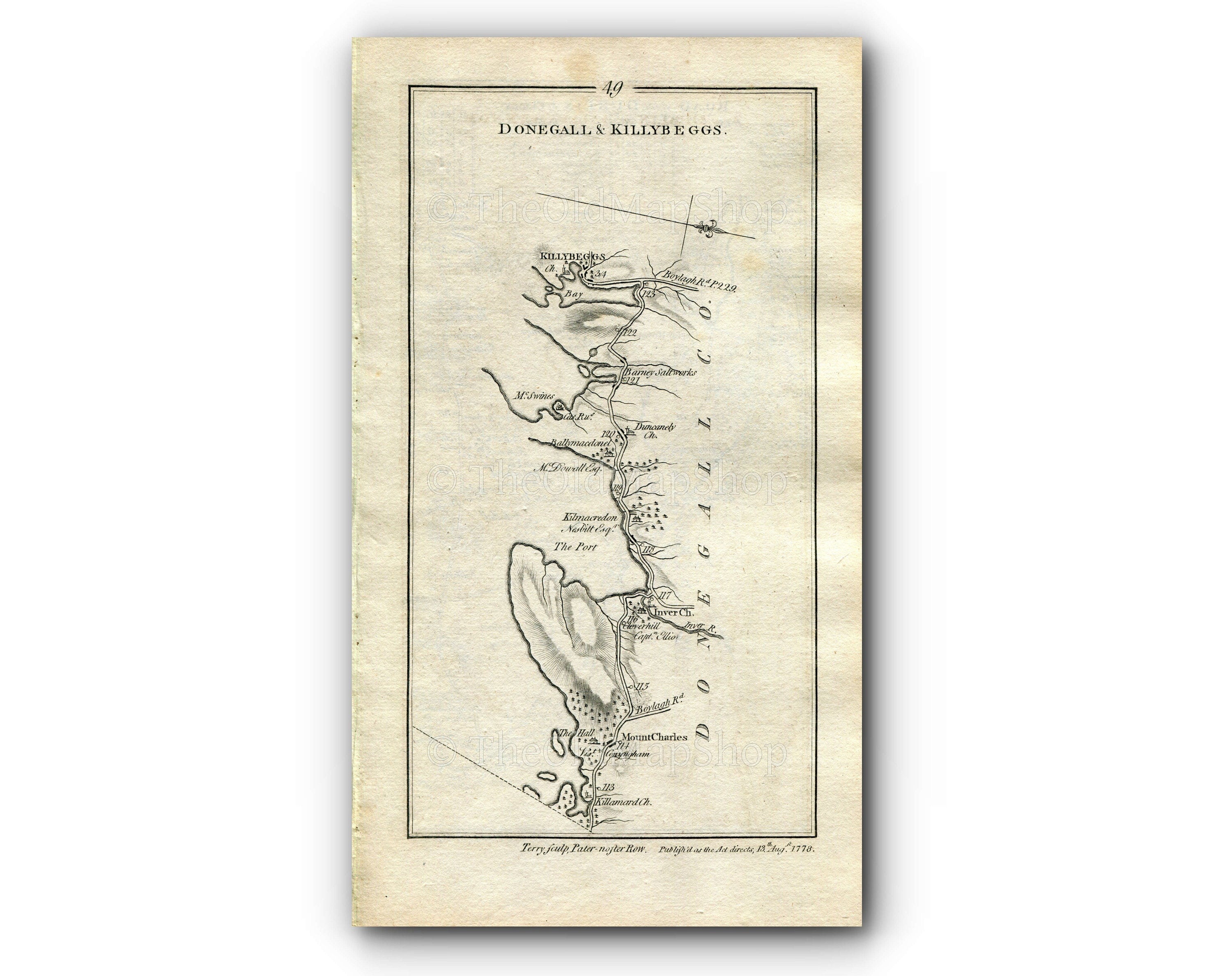 1778 Taylor & Skinner Antique Ireland Road Map 49/50 Mountcharles Killybegs Navan Donaghpatrick Kells Castletown Kilpatrick Nobber Inver