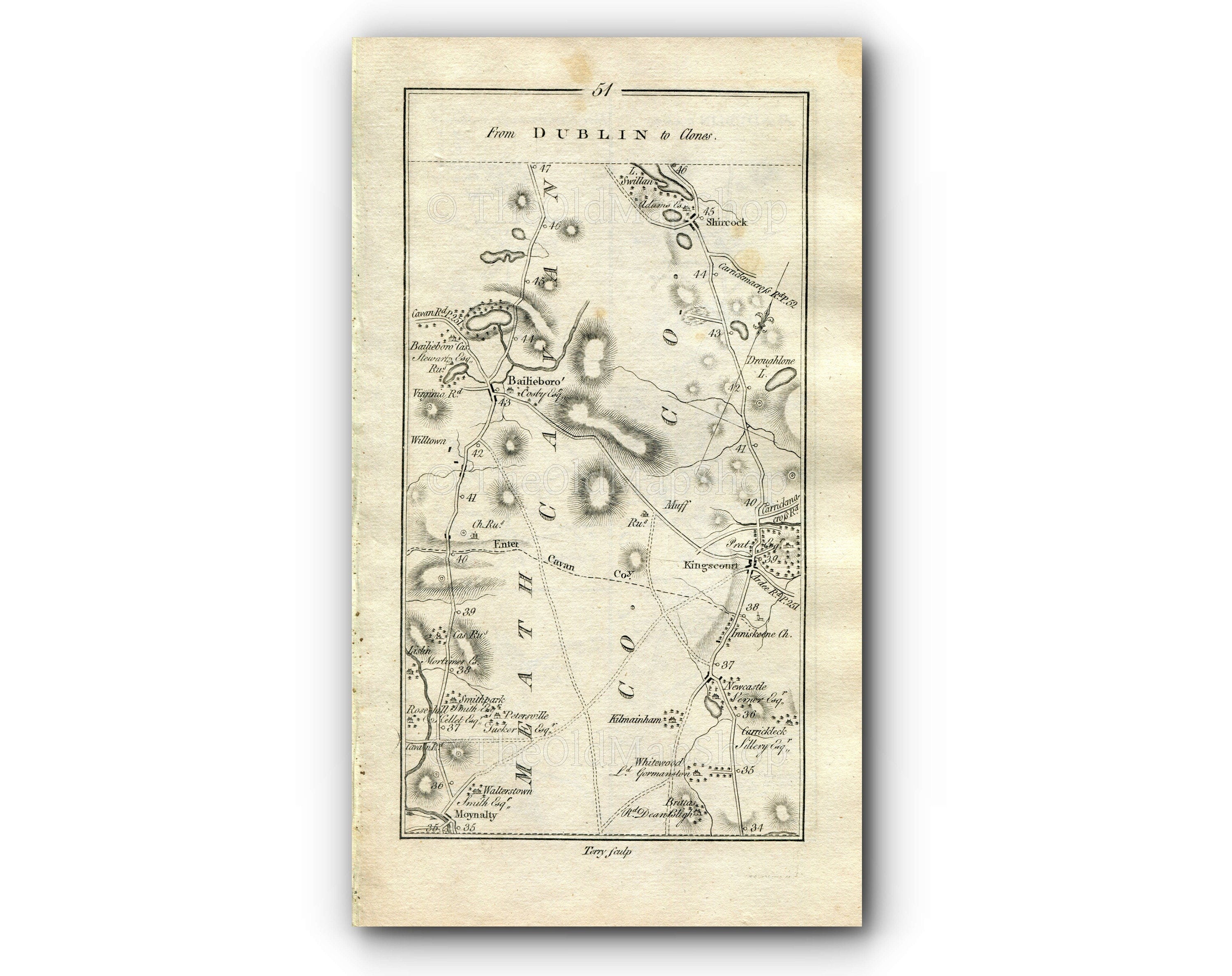 1778 Taylor & Skinner Antique Ireland Road Map 51/52 Moynalty Bailieborough Kingscourt Cootehill Drum Clones Carrickmacross Shercock Meath