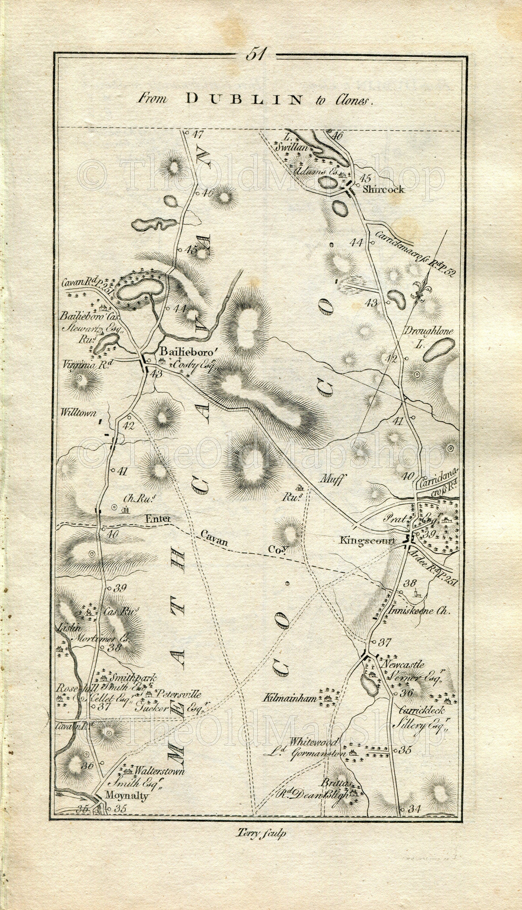 1778 Taylor & Skinner Antique Ireland Road Map 51/52 Moynalty Bailieborough Kingscourt Cootehill Drum Clones Carrickmacross Shercock Meath