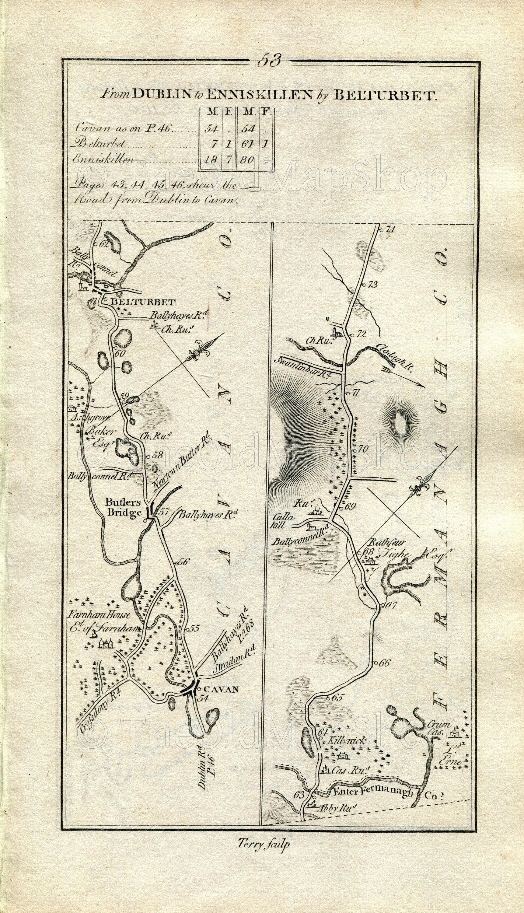 1778 Taylor & Skinner Antique Ireland Road Map 53/54 Butlers Bridge, Cavan, Belturbet, Enniskillen, Belcoo, Blacklion, County Fermanagh