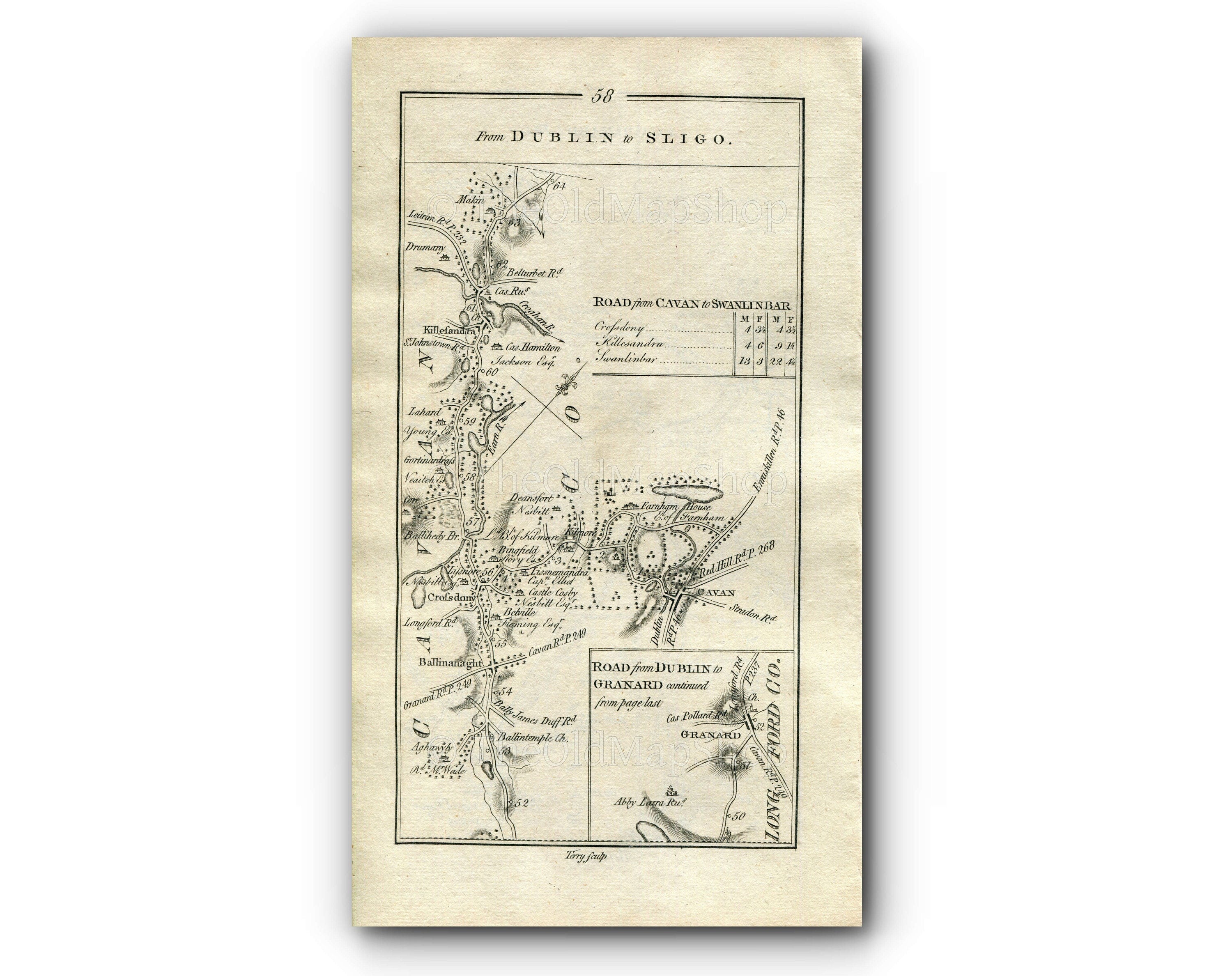 1778 Taylor & Skinner Antique Ireland Road Map 57/58 Oldcastle Mount Nugent Finnea Ballinagh Crossdoney Cavan Castlehamilton Killashandra