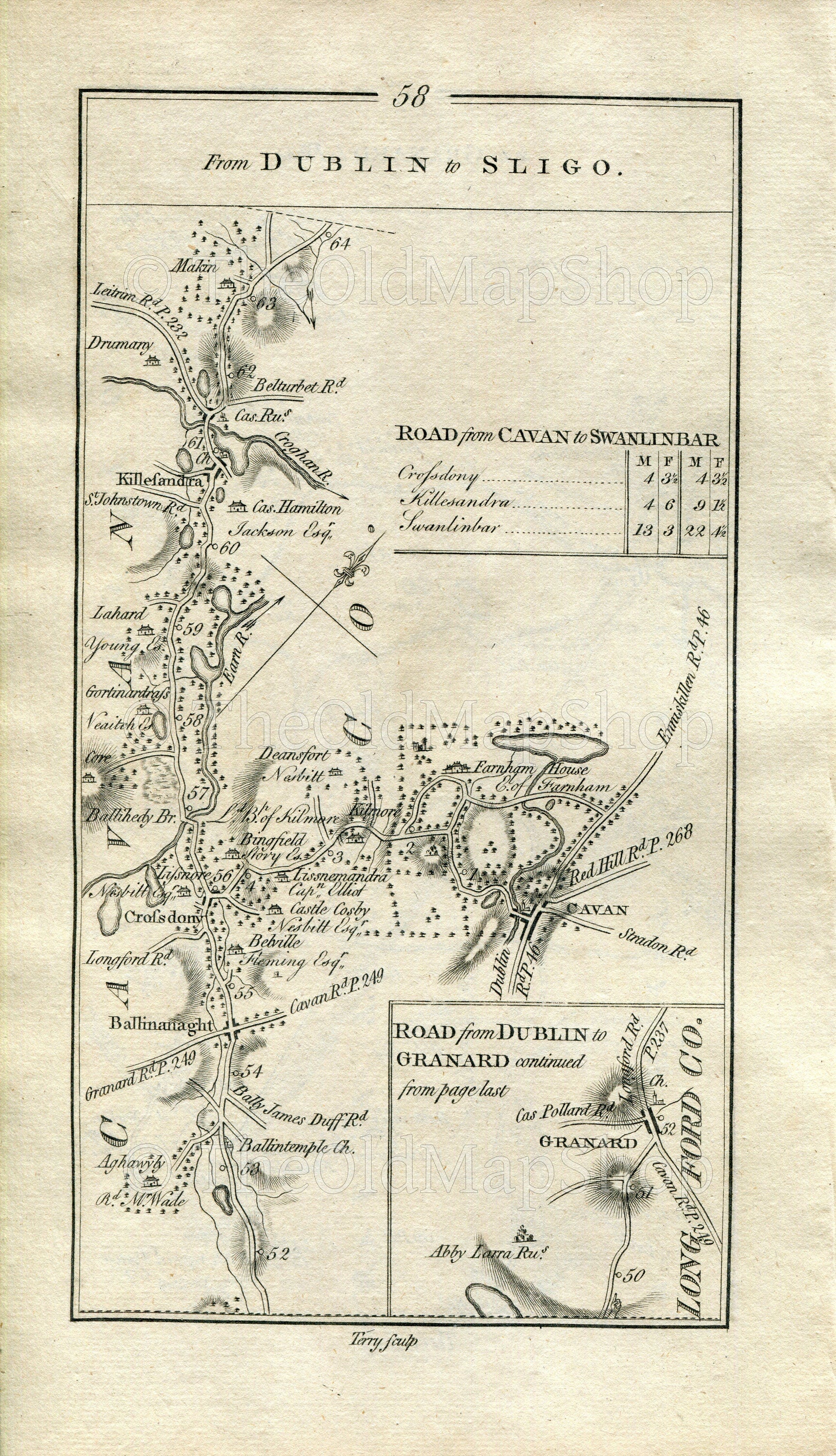 1778 Taylor & Skinner Antique Ireland Road Map 57/58 Oldcastle Mount Nugent Finnea Ballinagh Crossdoney Cavan Castlehamilton Killashandra