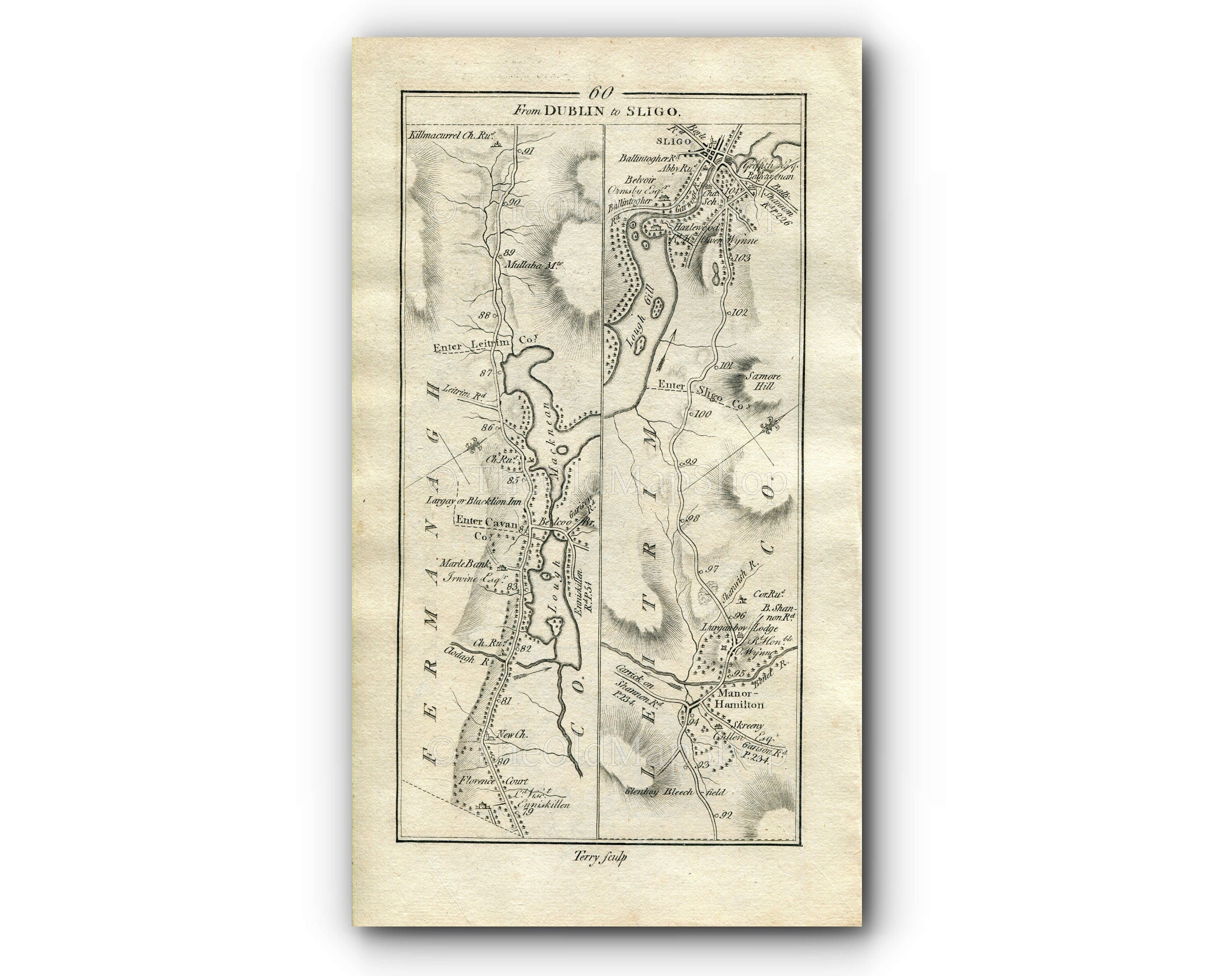 1778 Taylor & Skinner Antique Ireland Road Map 59/60 Ballyconnell Bawnboy Belcoo Manorhamilton Lurganboy Sligo Swanlinbar Blacklion Leitrim