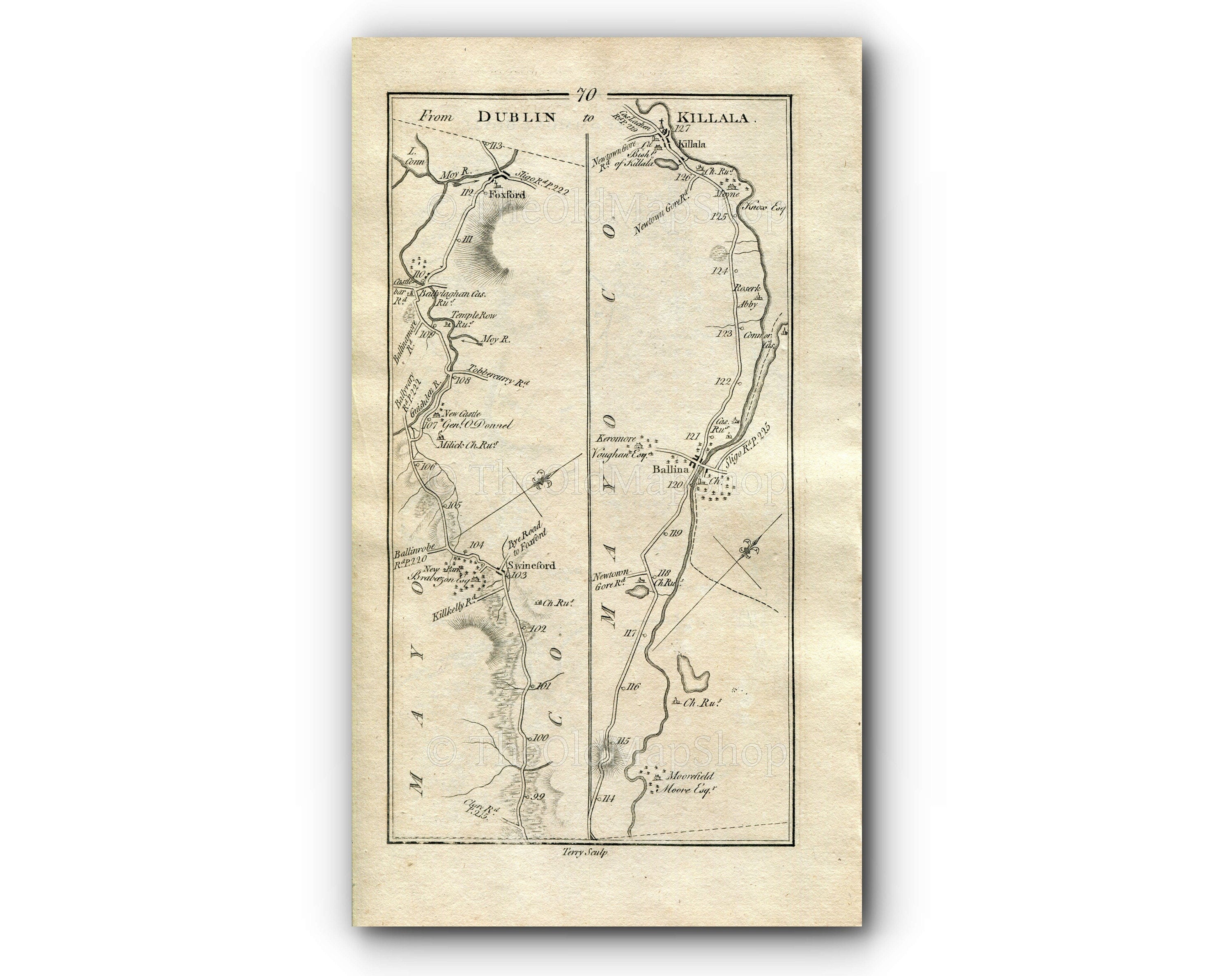 1778 Taylor & Skinner Antique Ireland Road Map 69/70 Tulsk Bellanagare Ballaghaderreen Bellaghy Charlestown Swinford Foxford Ballina Killala
