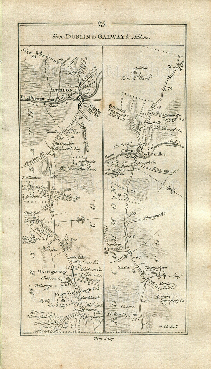 1778 Taylor & Skinner Antique Ireland Road Map 75/76 Moate Athlone Ballinasloe Aughrim Kilconnell Woodlawn Athenry Oranmore Galway