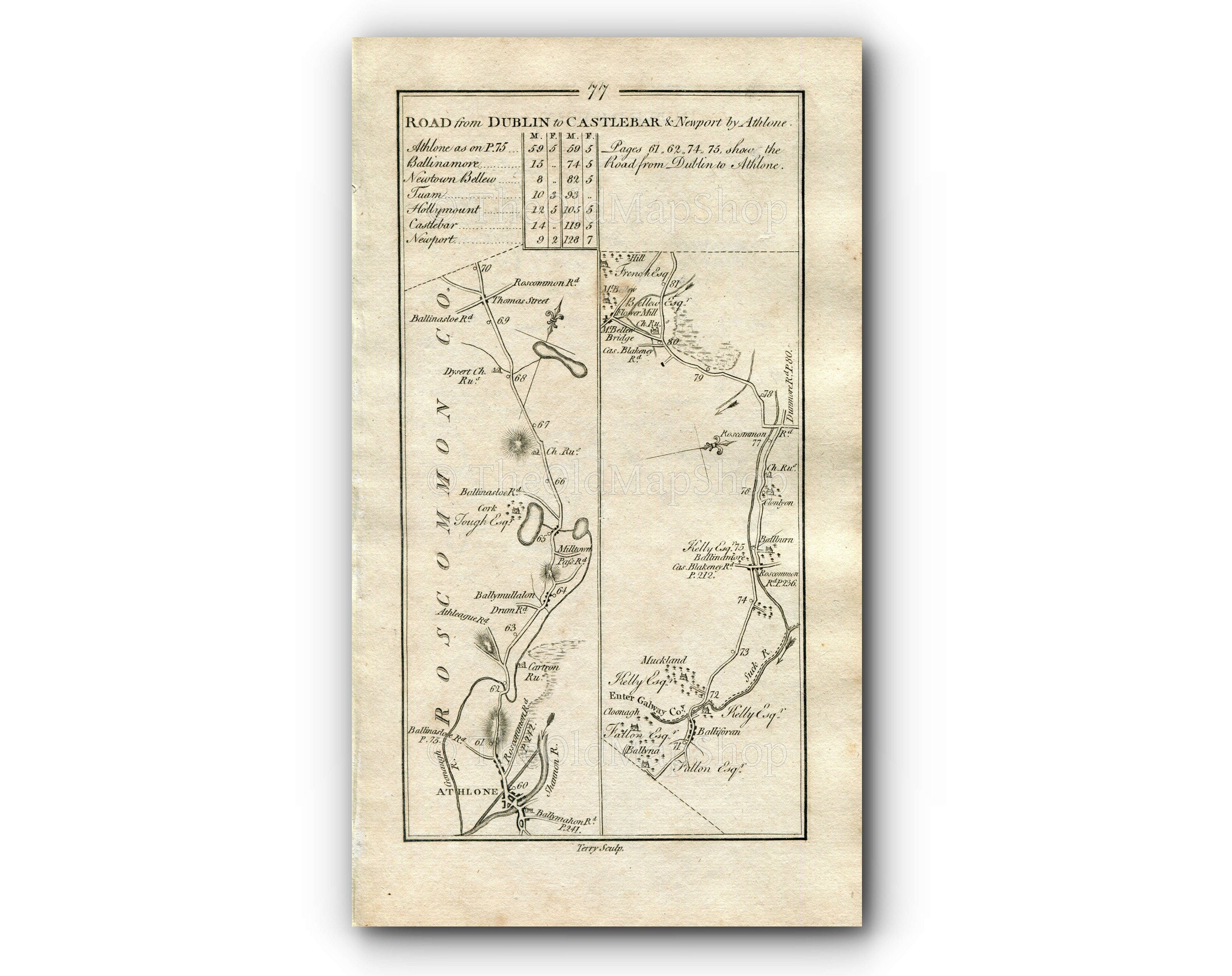 1778 Taylor & Skinner Antique Ireland Road Map 77/78 Athlone Ballyforan Mountbellew Moylough Tuam Castlegrove Cloghans Hill Hollymount