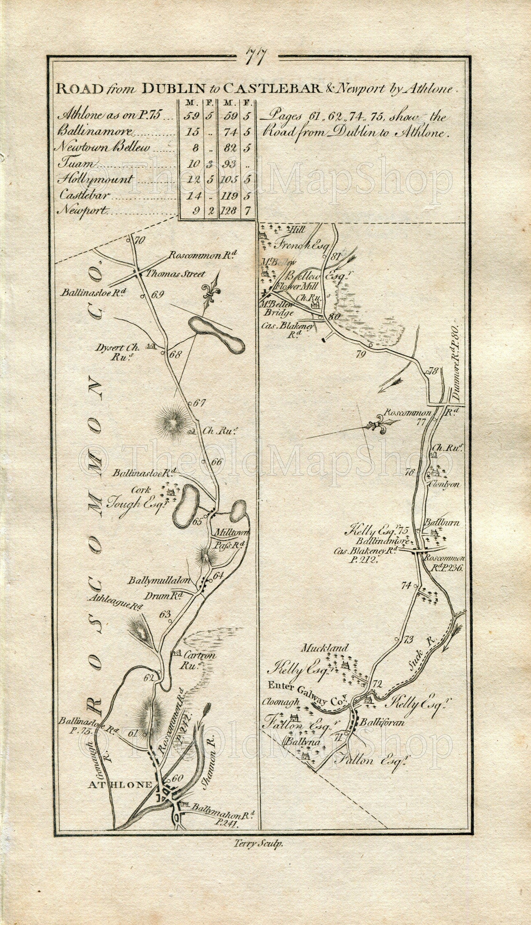 1778 Taylor & Skinner Antique Ireland Road Map 77/78 Athlone Ballyforan Mountbellew Moylough Tuam Castlegrove Cloghans Hill Hollymount