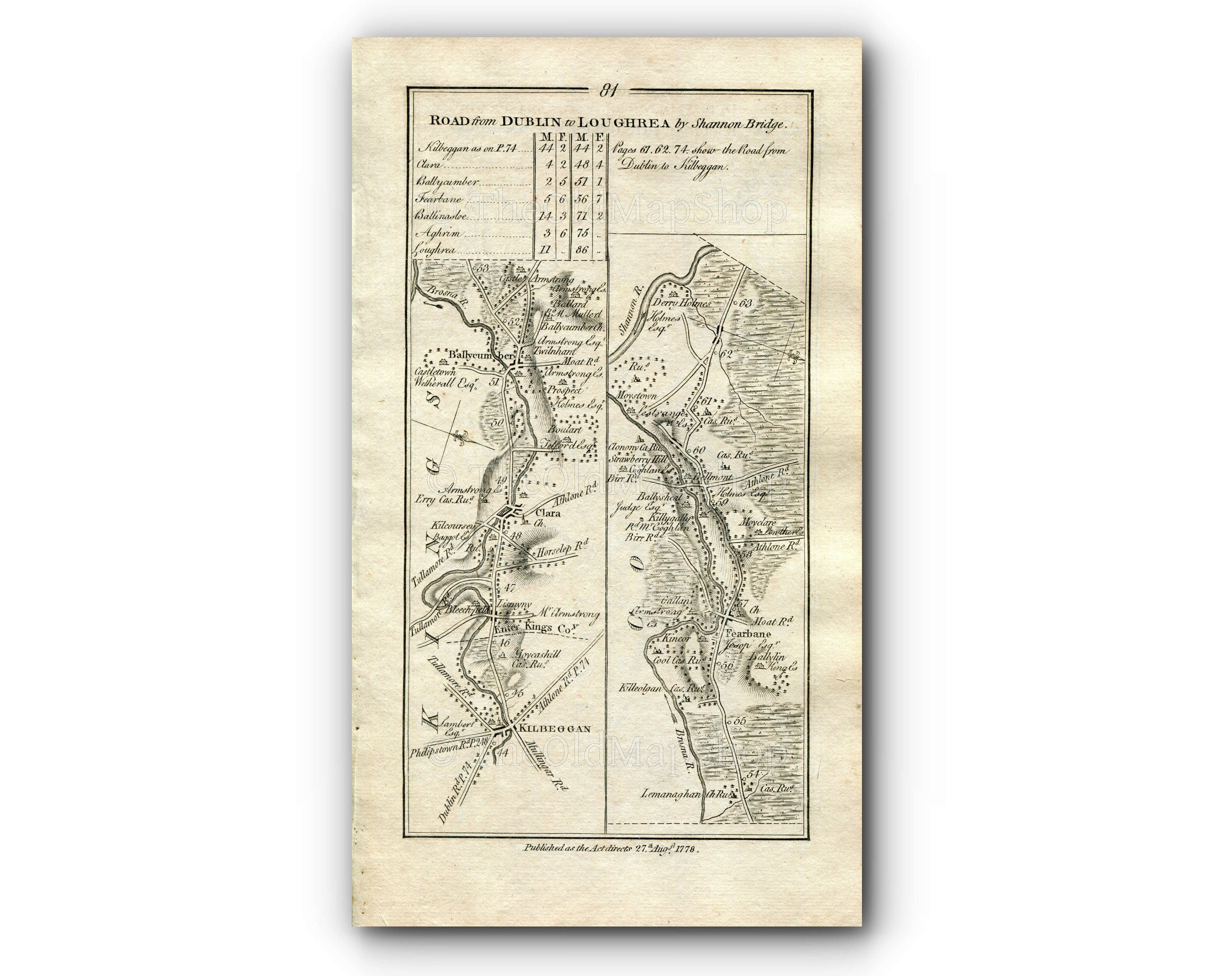 1778 Taylor & Skinner Antique Ireland Road Map 81/82 Kilbeggan Ferbane Belmont Clonony Moystown Shannonbridge Ballinasloe Aughrim Loughrea
