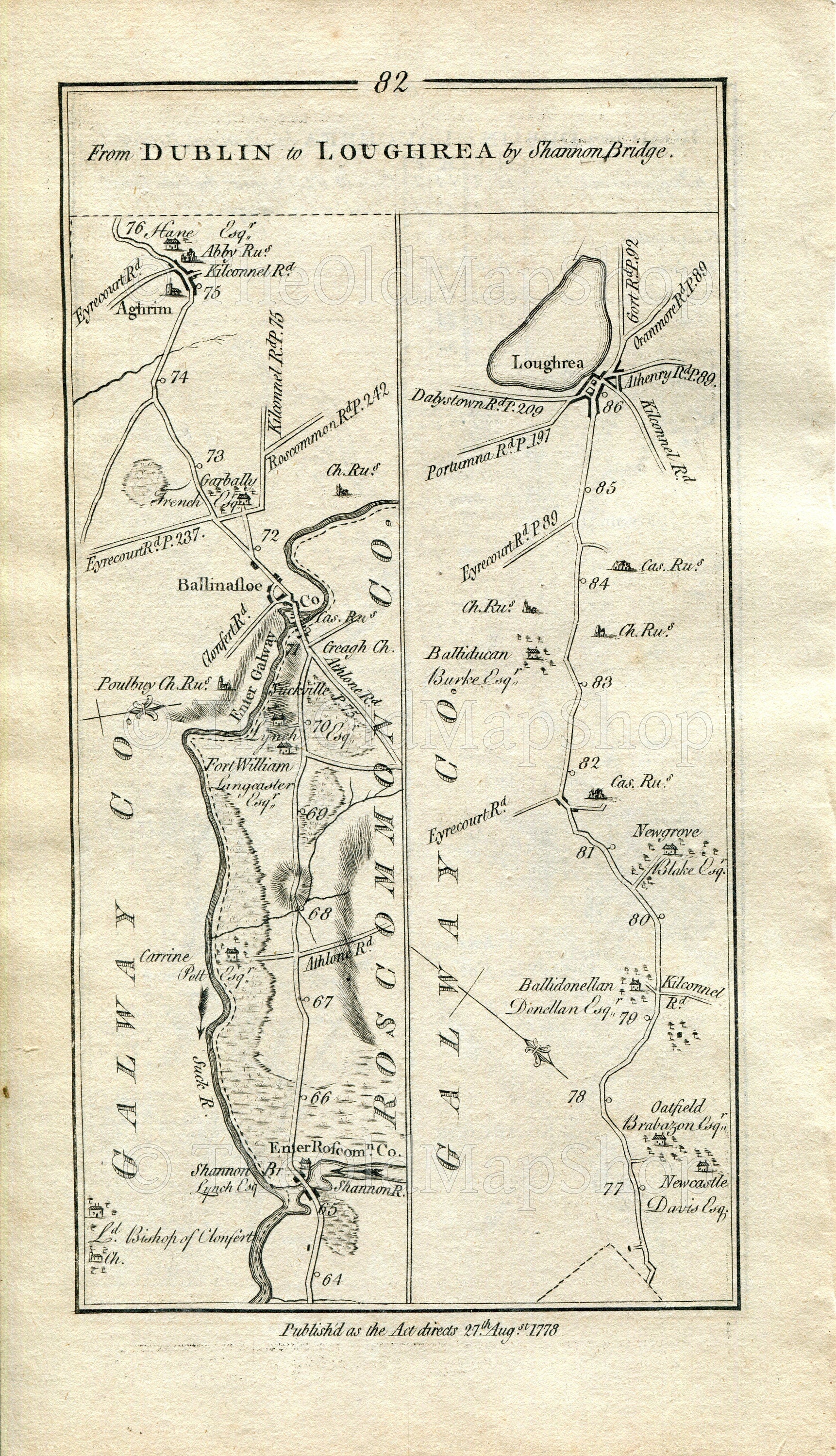 1778 Taylor & Skinner Antique Ireland Road Map 81/82 Kilbeggan Ferbane Belmont Clonony Moystown Shannonbridge Ballinasloe Aughrim Loughrea