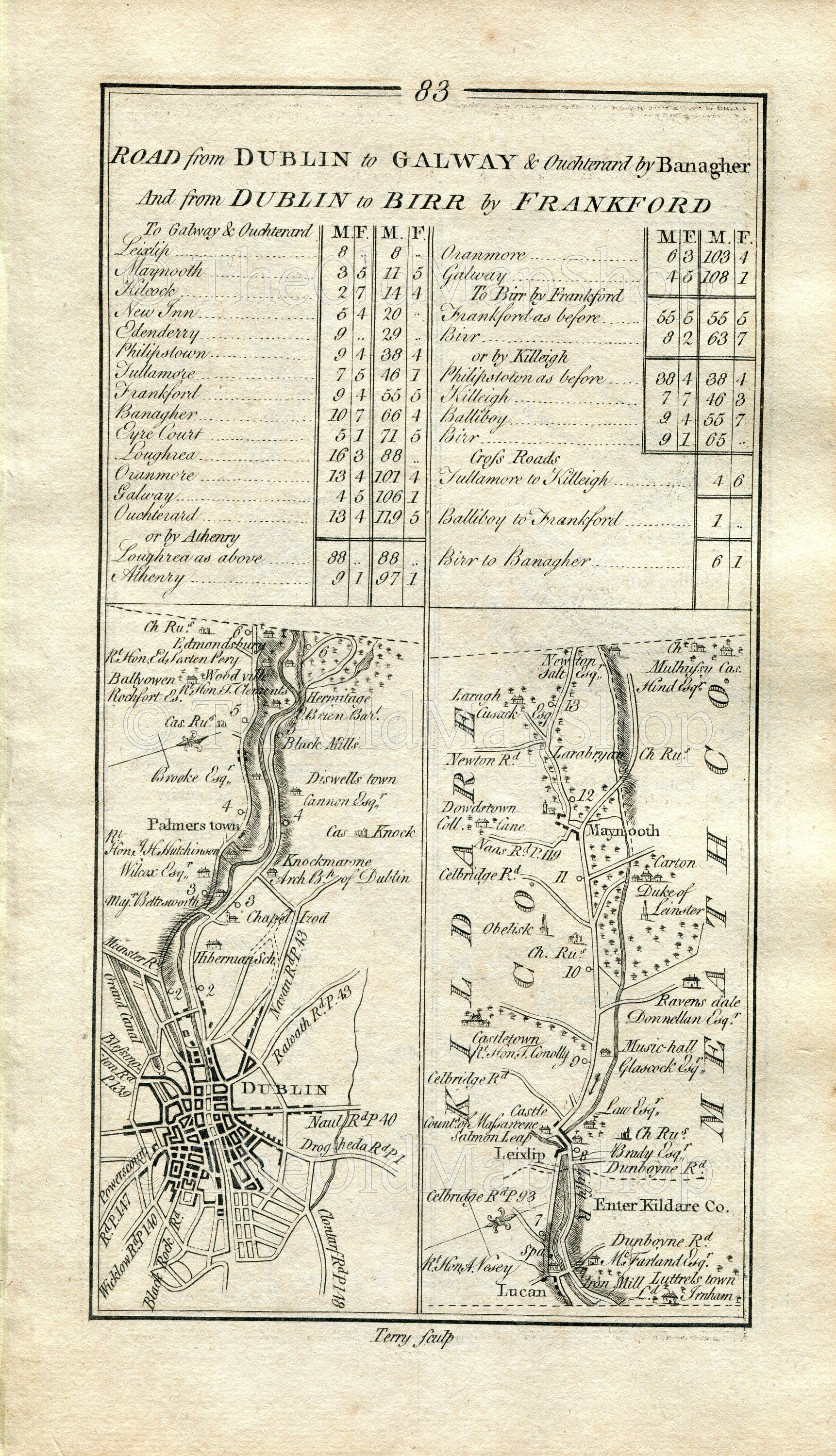 1778 Taylor & Skinner Antique Ireland Road Map 83/84 Dublin Palmerstown Lucan Leixlip Maynooth Kilcock Cloncurry Johnstown Bridge Edenderry