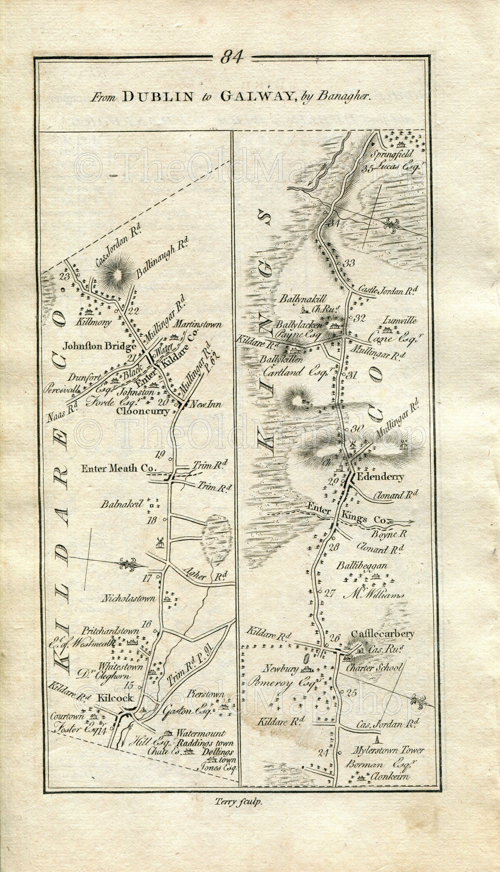 1778 Taylor & Skinner Antique Ireland Road Map 83/84 Dublin Palmerstown Lucan Leixlip Maynooth Kilcock Cloncurry Johnstown Bridge Edenderry