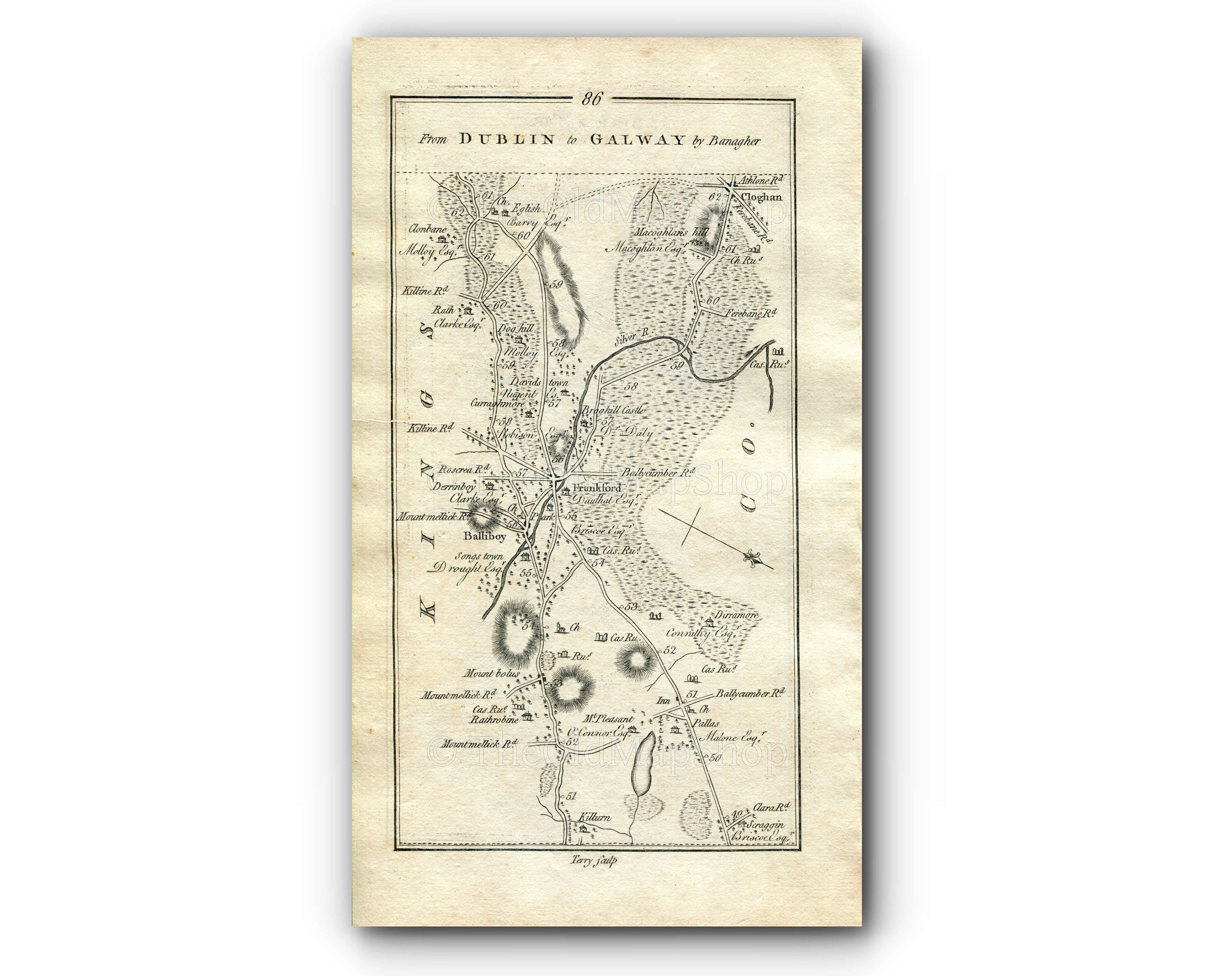 1778 Taylor & Skinner Antique Ireland Road Map 85/86 Killeigh, Ballinagar, Tullamore, Portarlington, Kilcormac, County Offaly, County Laois