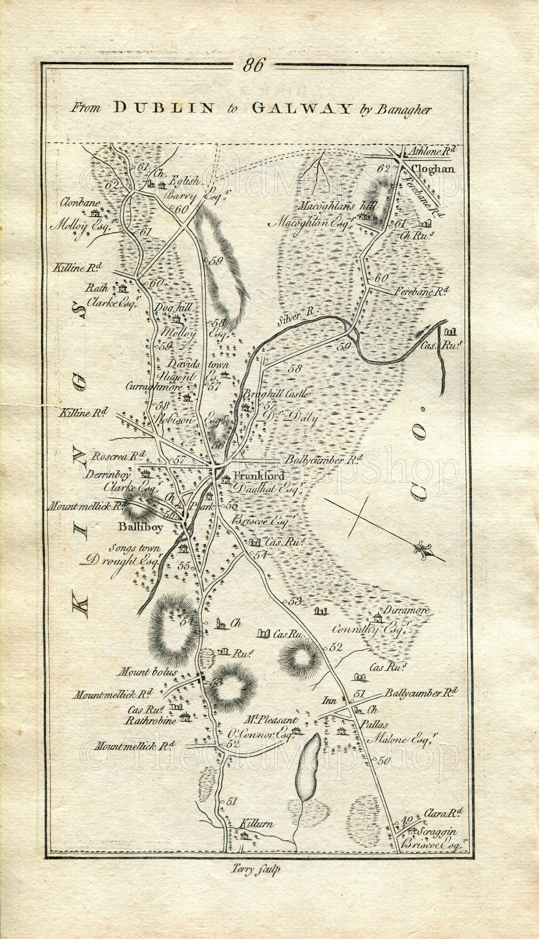 1778 Taylor & Skinner Antique Ireland Road Map 85/86 Killeigh, Ballinagar, Tullamore, Portarlington, Kilcormac, County Offaly, County Laois