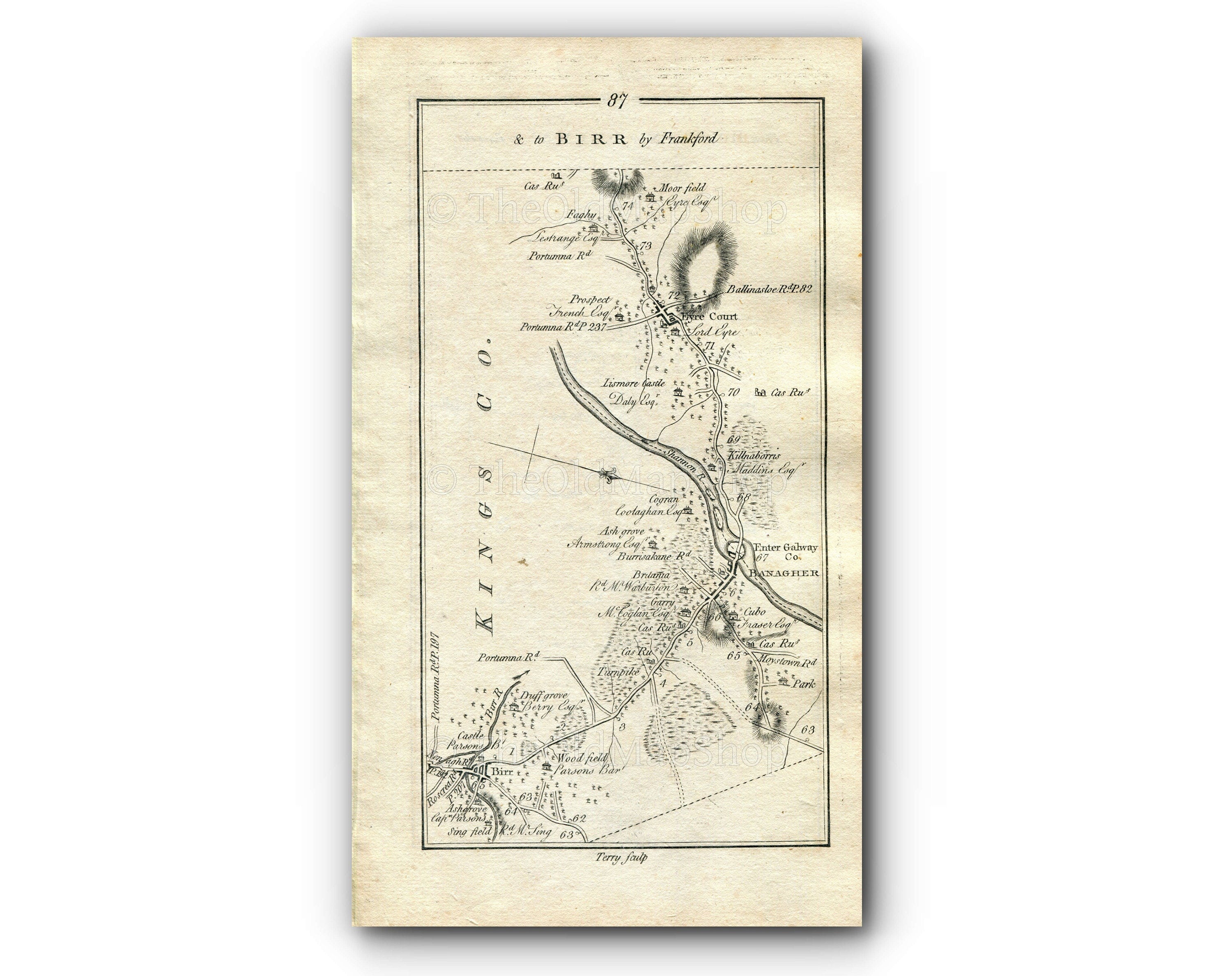 1778 Taylor & Skinner Ireland Road Map Antique 87/88 Birr Banagher Kilnaborris Eyrecourt Killmor Hearnsbrook Ramore County Galway Offaly