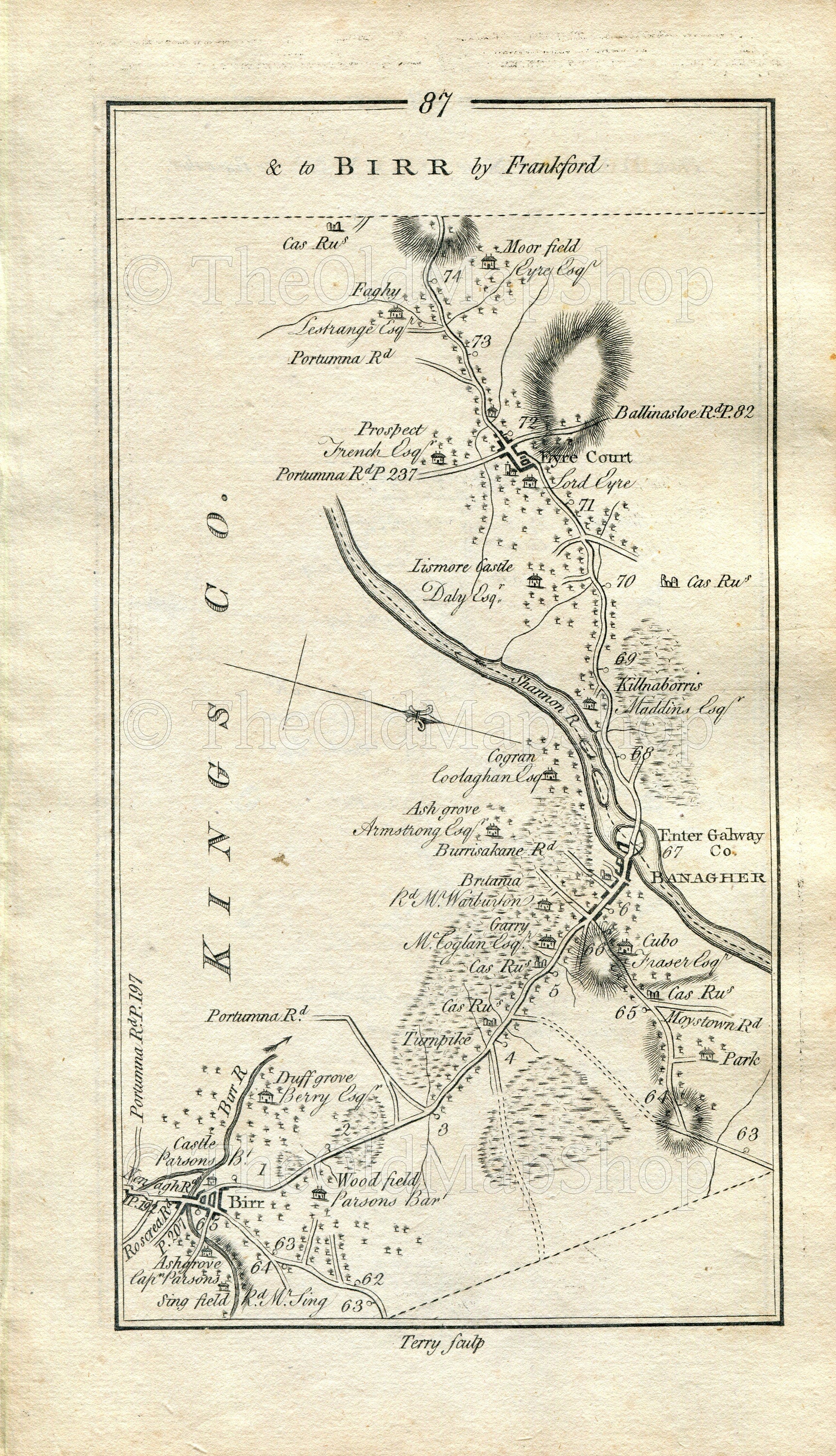 1778 Taylor & Skinner Ireland Road Map Antique 87/88 Birr Banagher Kilnaborris Eyrecourt Killmor Hearnsbrook Ramore County Galway Offaly