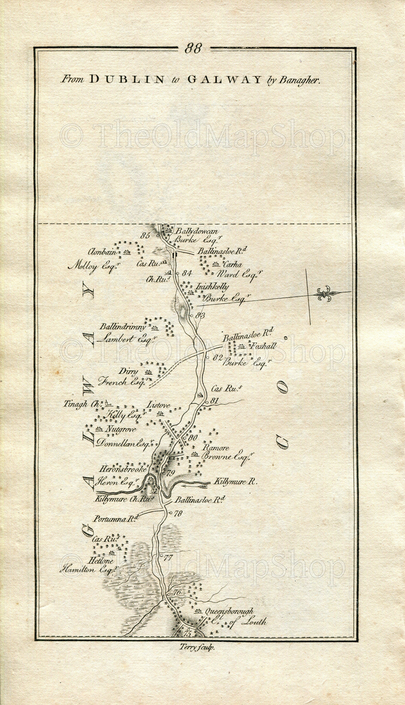 1778 Taylor & Skinner Ireland Road Map Antique 87/88 Birr Banagher Kilnaborris Eyrecourt Killmor Hearnsbrook Ramore County Galway Offaly