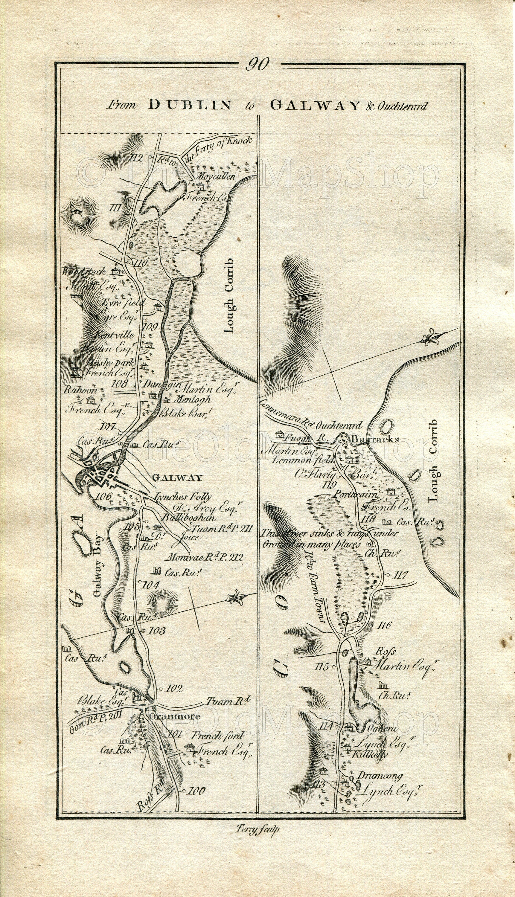 1778 Taylor & Skinner Antique Ireland Road Map 89/90 Loughrea Craughwell Moyvilla Athenry Oranmore Galway Moycullen Oughterard Aughnaure