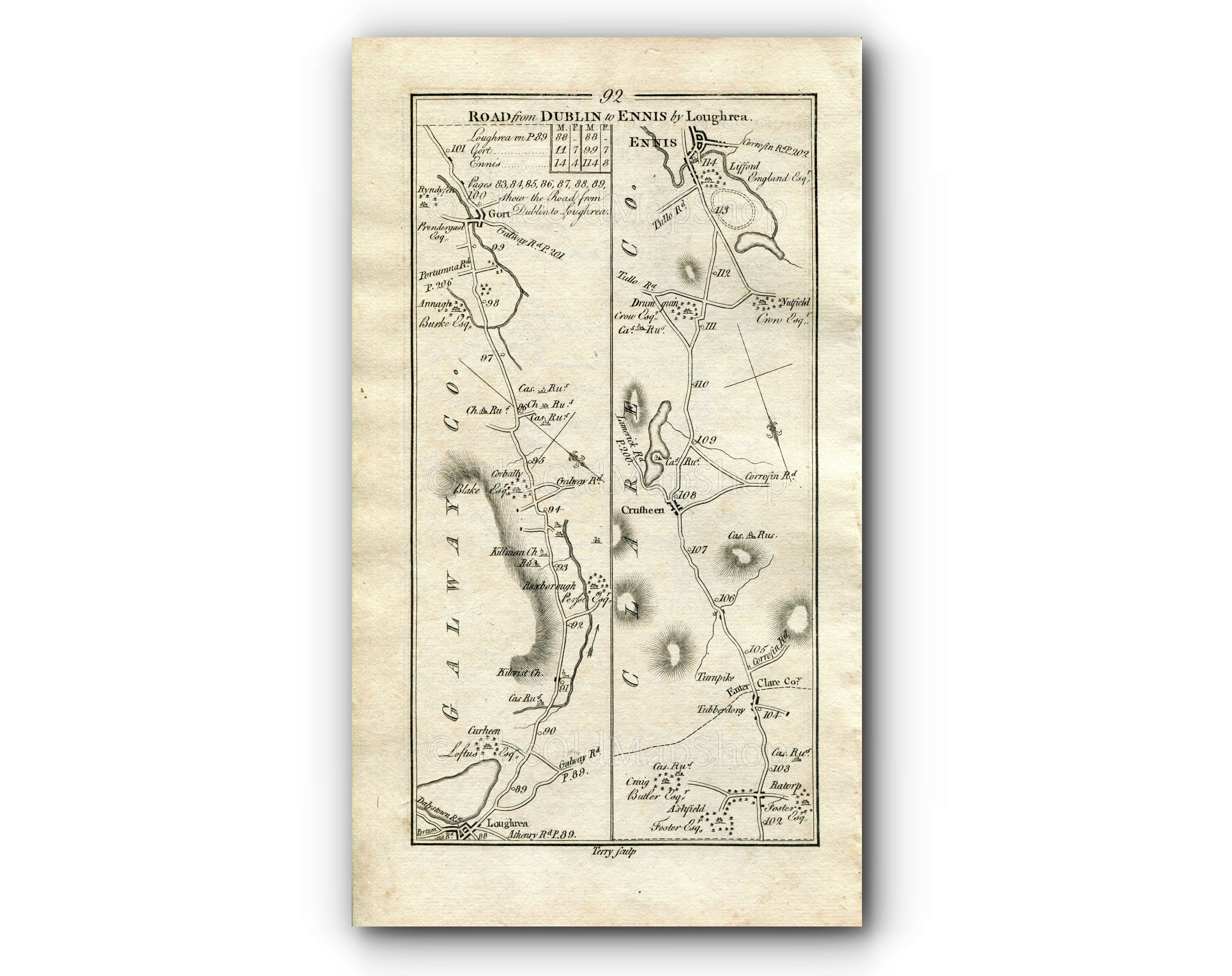 1778 Taylor & Skinner Antique Ireland Road Map 91/92 Dublin Palmerstown Kilcock Ginnets Knightsbrook Kilchreest Gort Tubber Crusheen Ennis