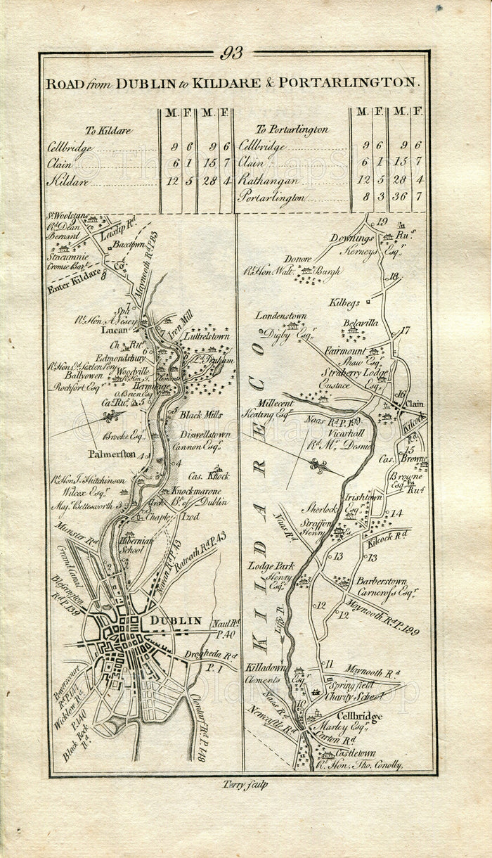 1778 Taylor & Skinner Antique Ireland Road Map 93/94 Straffan Dublin Palmerstown Kilmeage Allen Milltown Kildare Rathangan Portarlington