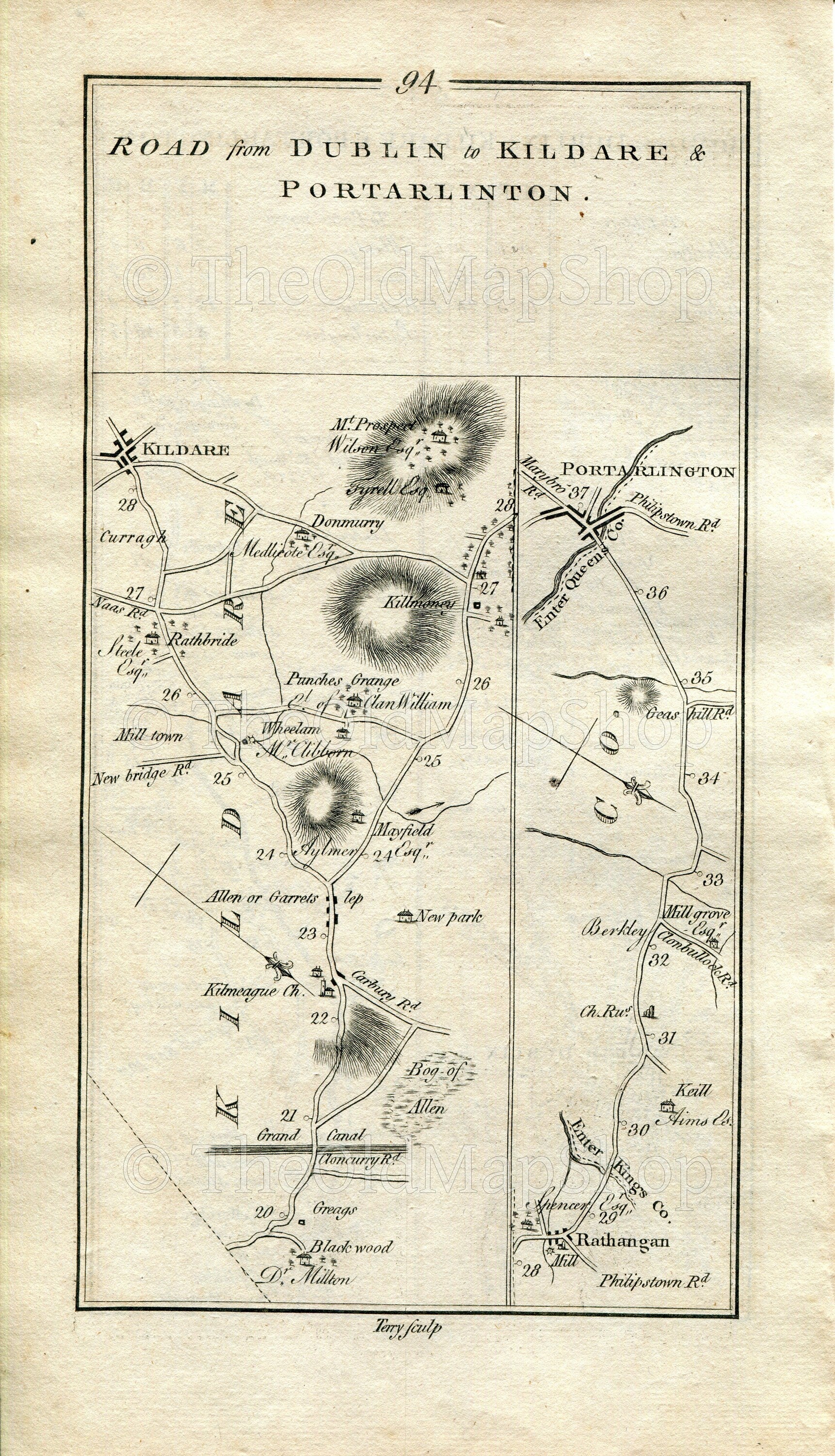 1778 Taylor & Skinner Antique Ireland Road Map 93/94 Straffan Dublin Palmerstown Kilmeage Allen Milltown Kildare Rathangan Portarlington