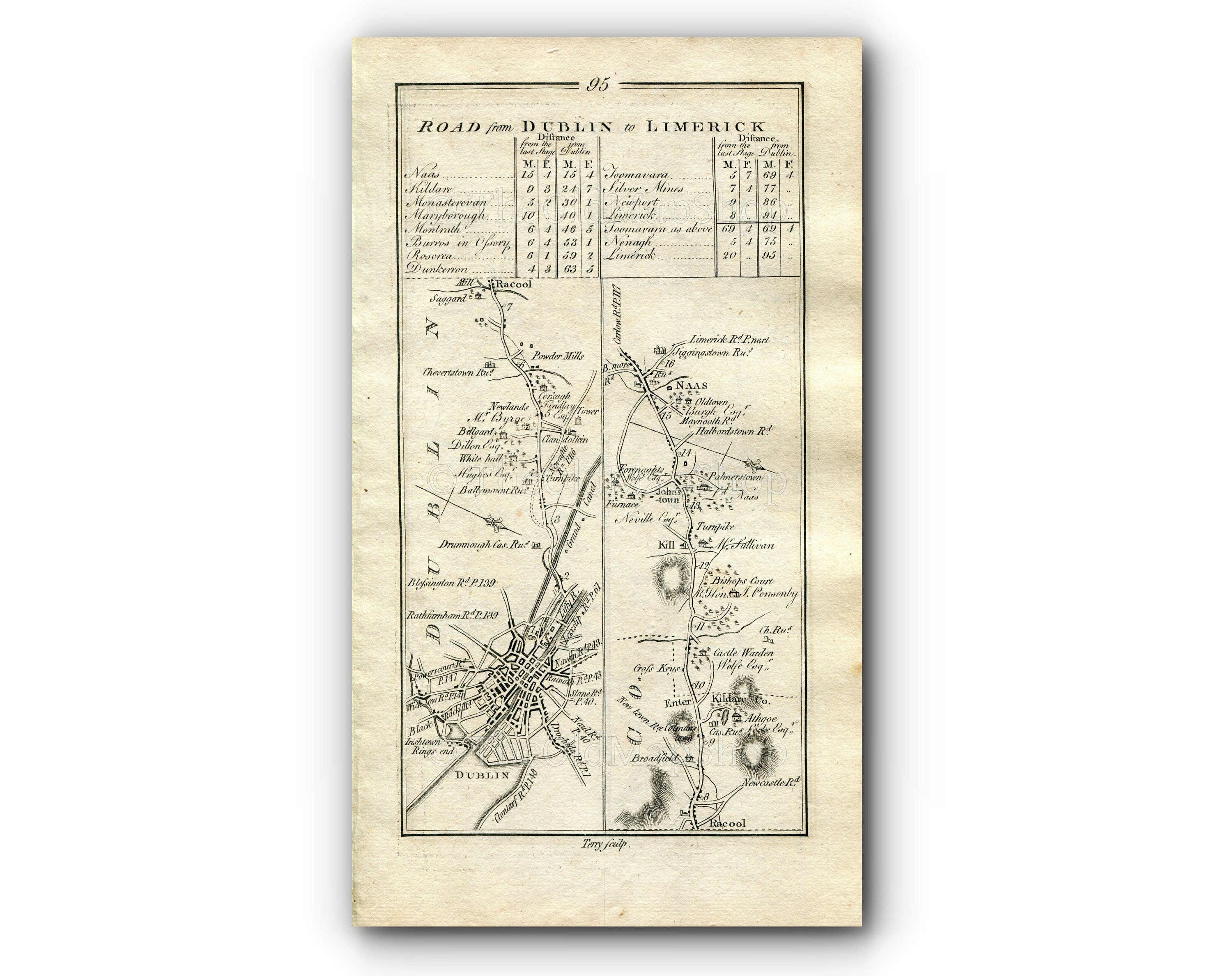 1778 Taylor & Skinner Antique Ireland Road Map 95/96 Dublin Rathcoole Johnstown Naas Newbridge The Curragh Kildare Monasterevin Emo Court