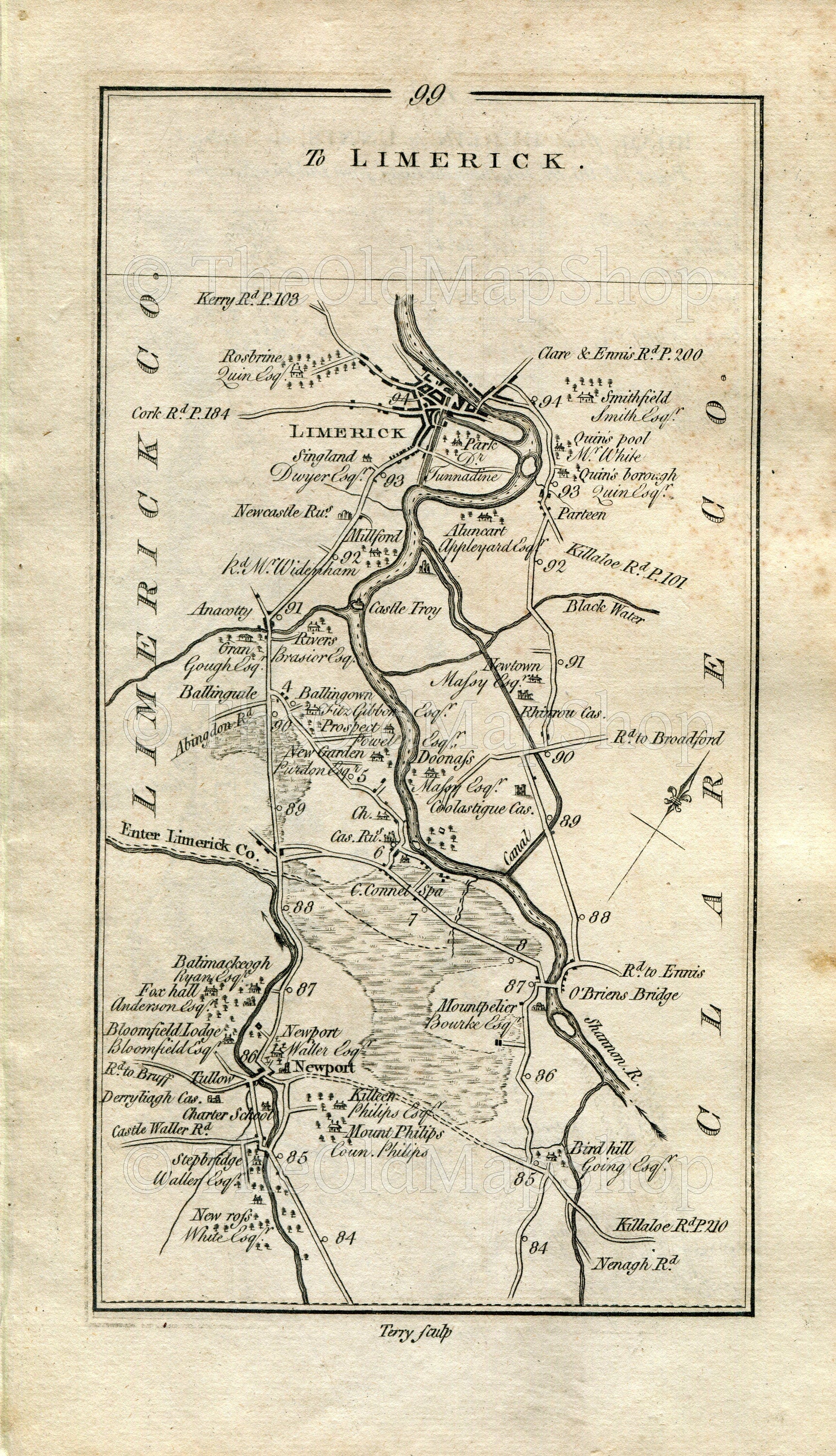 1778 Taylor & Skinner Antique Ireland Road Map 99/100 O'Briensbridge Castleconnell Newport Castletroy Annacotty Limerick Nenagh Killaloe