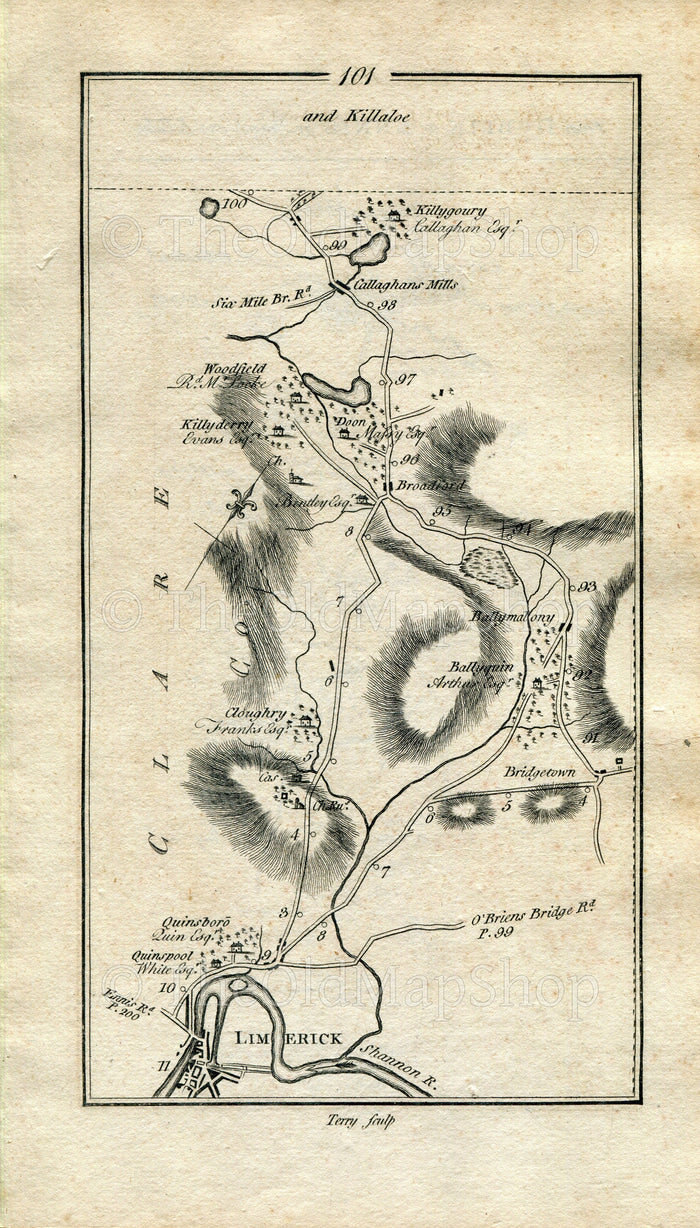 1778 Taylor & Skinner Antique Ireland Road Map 101/102 Limerick Broadford Doon Lough O'Callaghansmills Tulla Bridgetown Spancihill Ennis