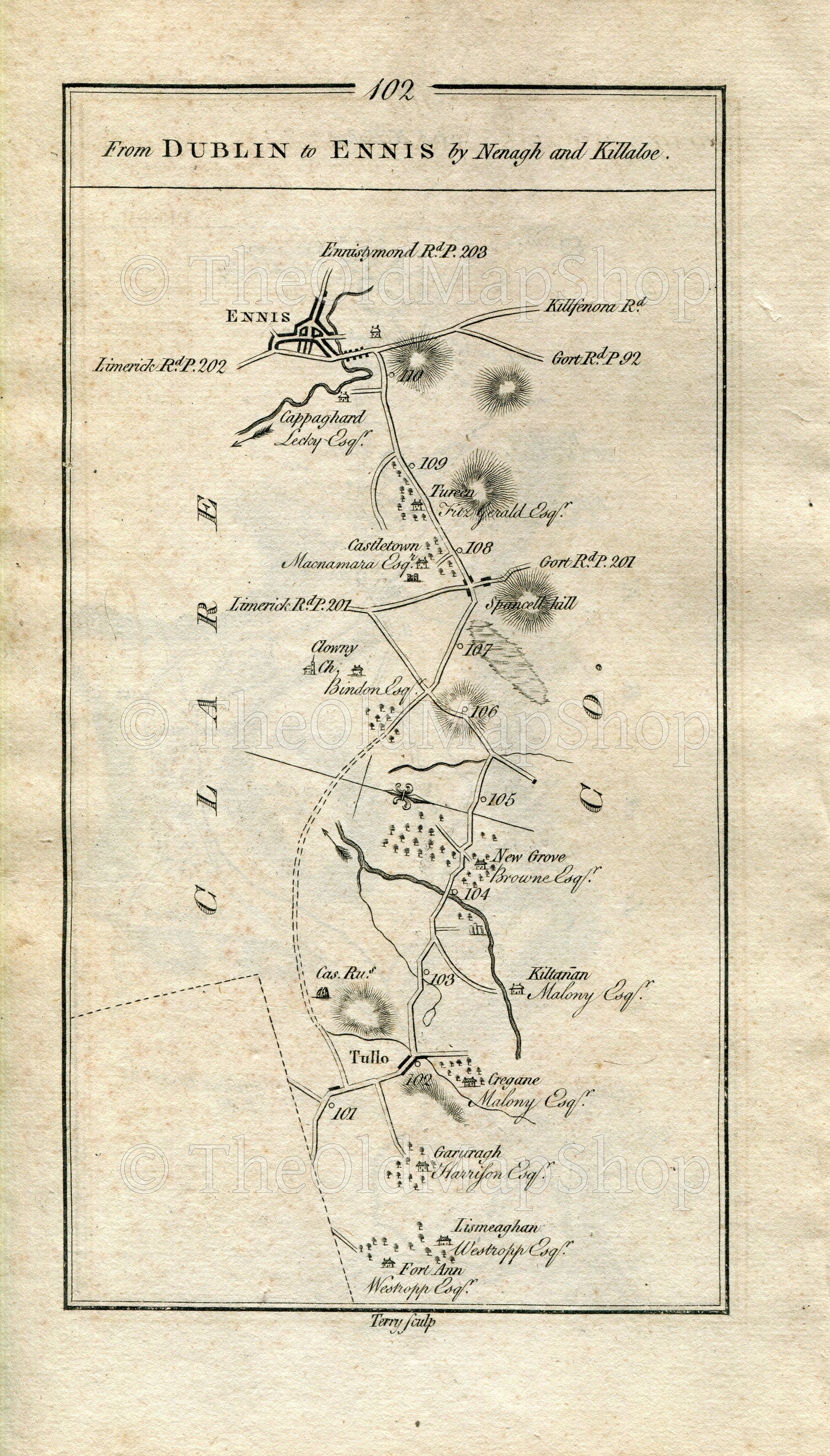 1778 Taylor & Skinner Antique Ireland Road Map 101/102 Limerick Broadford Doon Lough O'Callaghansmills Tulla Bridgetown Spancihill Ennis