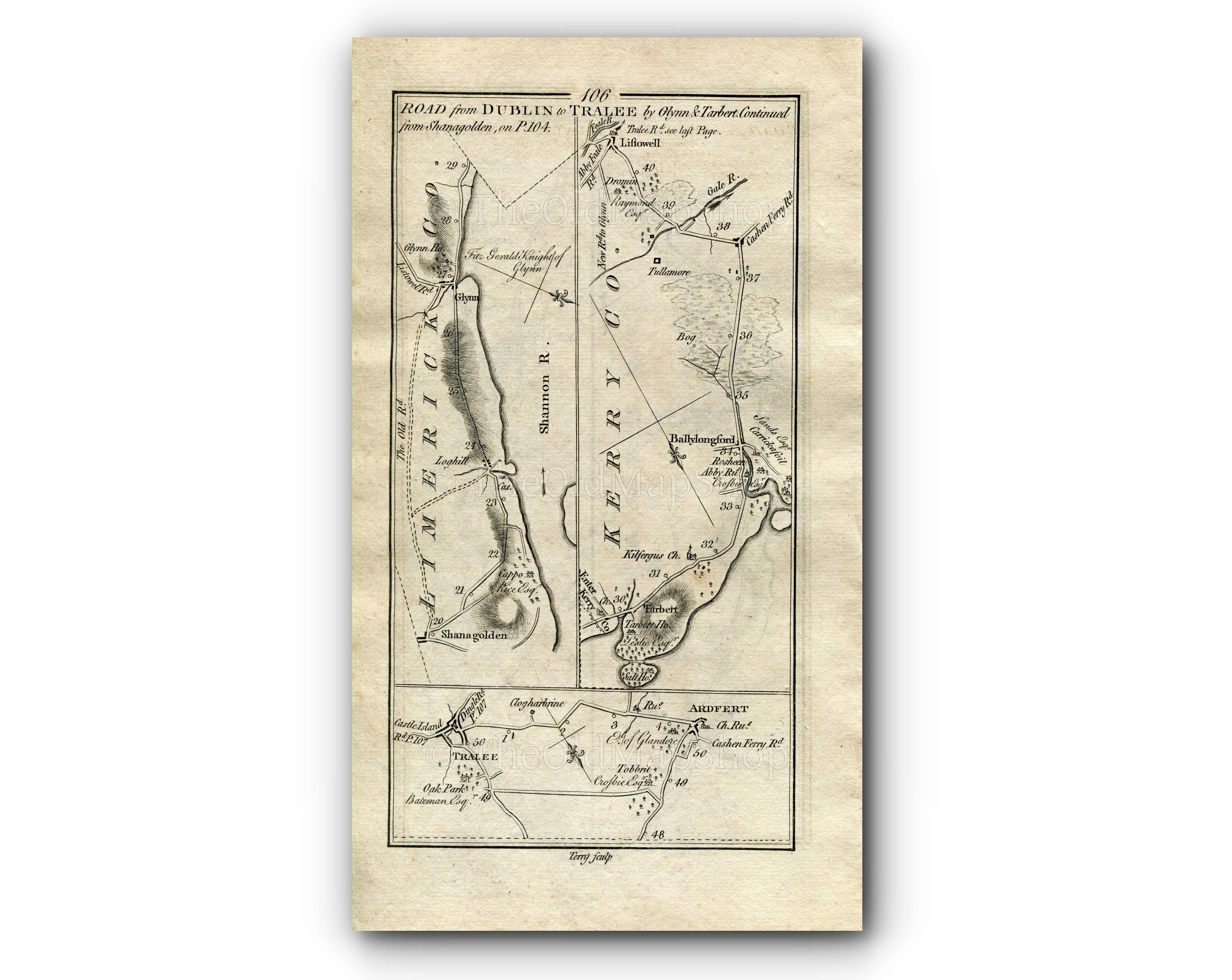 1778 Taylor & Skinner Antique Ireland Road Map 105/106 Kilmorna Drumquin Tralee Ardfert Shanagolden Cappa Loghill Glin Ballylongford Tarber