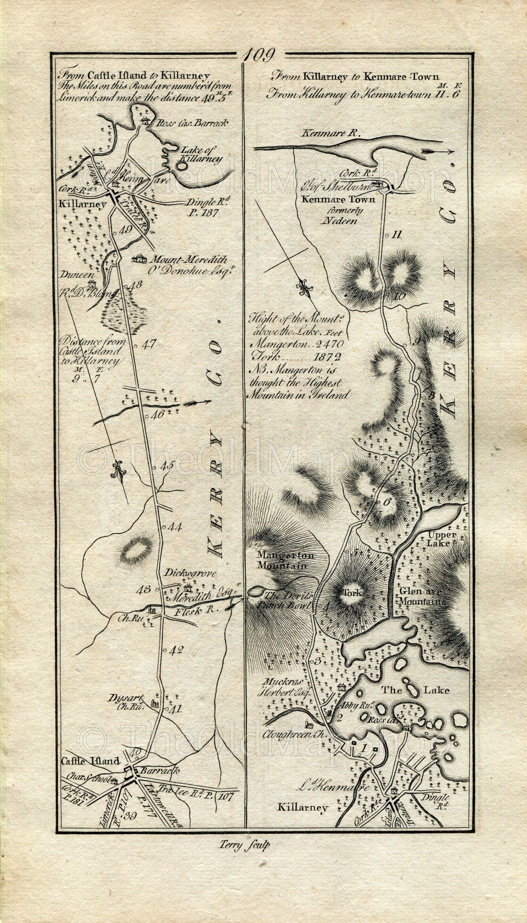 1778 Taylor & Skinner Antique Ireland Road Map 109/110 Castleisland Killarney Kenmare Portlaoise Maryborough Ballyroan Ballinakill Durrow