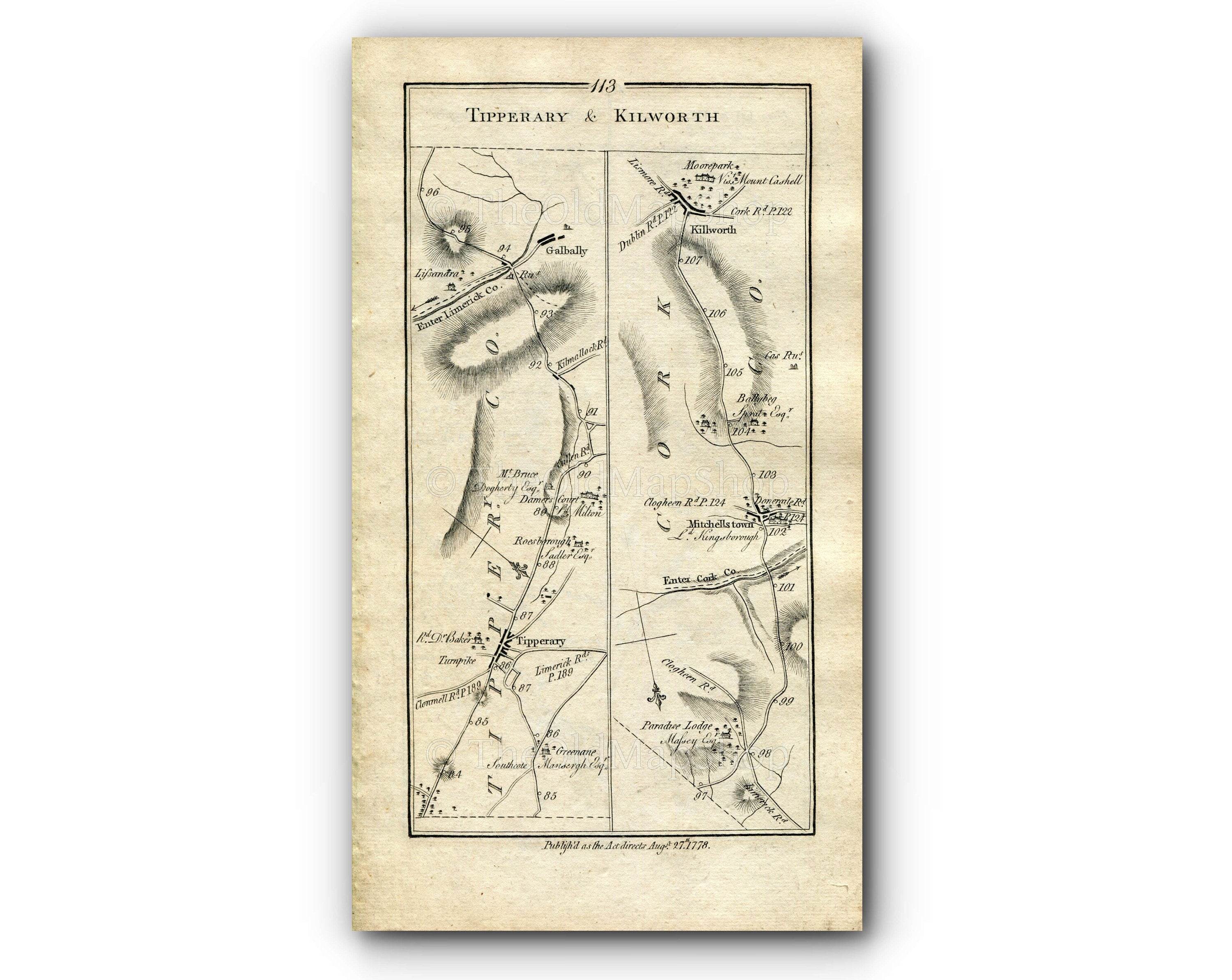 1778 Taylor & Skinner Antique Ireland Road Map 113/114 Tipperary Galbally Mitchelstown Kilworth Cahir Clogheen Kilkenny Freshford Urlingford