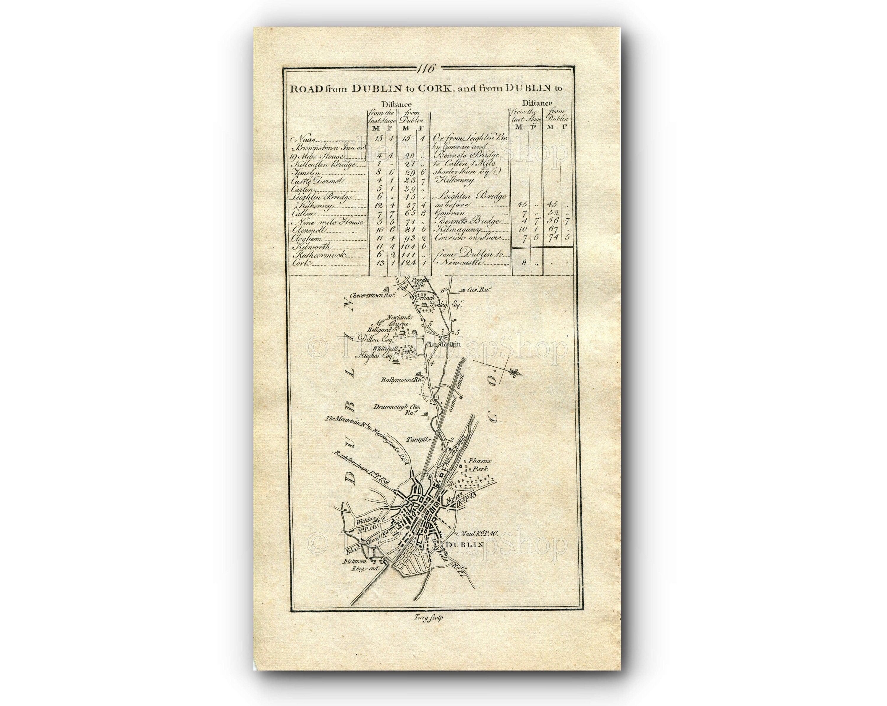 1778 Taylor & Skinner Antique Ireland Road Map 115/116 Urlingford Kilcooley Killenaule Fethard Clonmel Dublin Clondalkin Newlands Tipperary