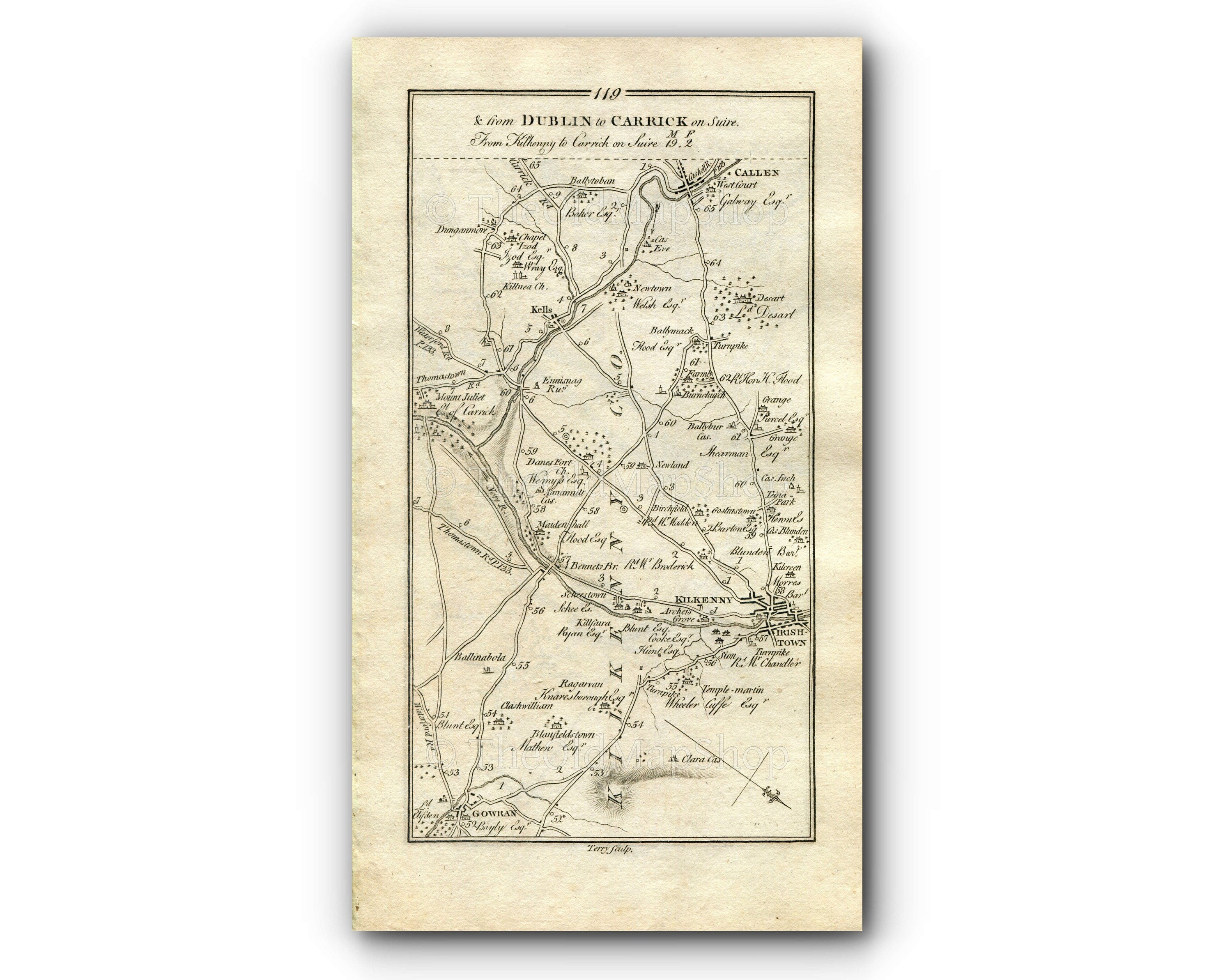 1778 Taylor & Skinner Antique Ireland Road Map 119/120 Kilkenny Irishtown Mount Juliet Kells Callan Carrick-On-Suir Kilcash Ninemilehouse